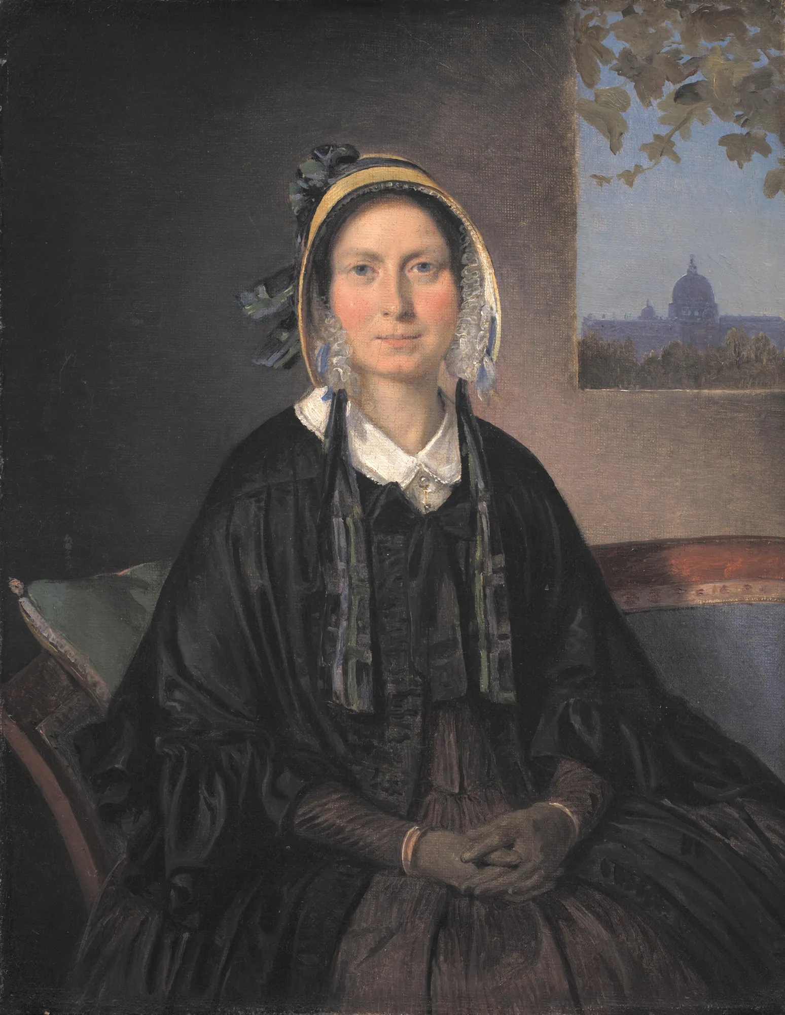 Frederikke Raffenberg Frederikke Raffenberg by Wilhelm Marstrand. A 19th-century portrait of a woman in a black dress and yellow bonnet seated by a window with a view of a domed basilica.