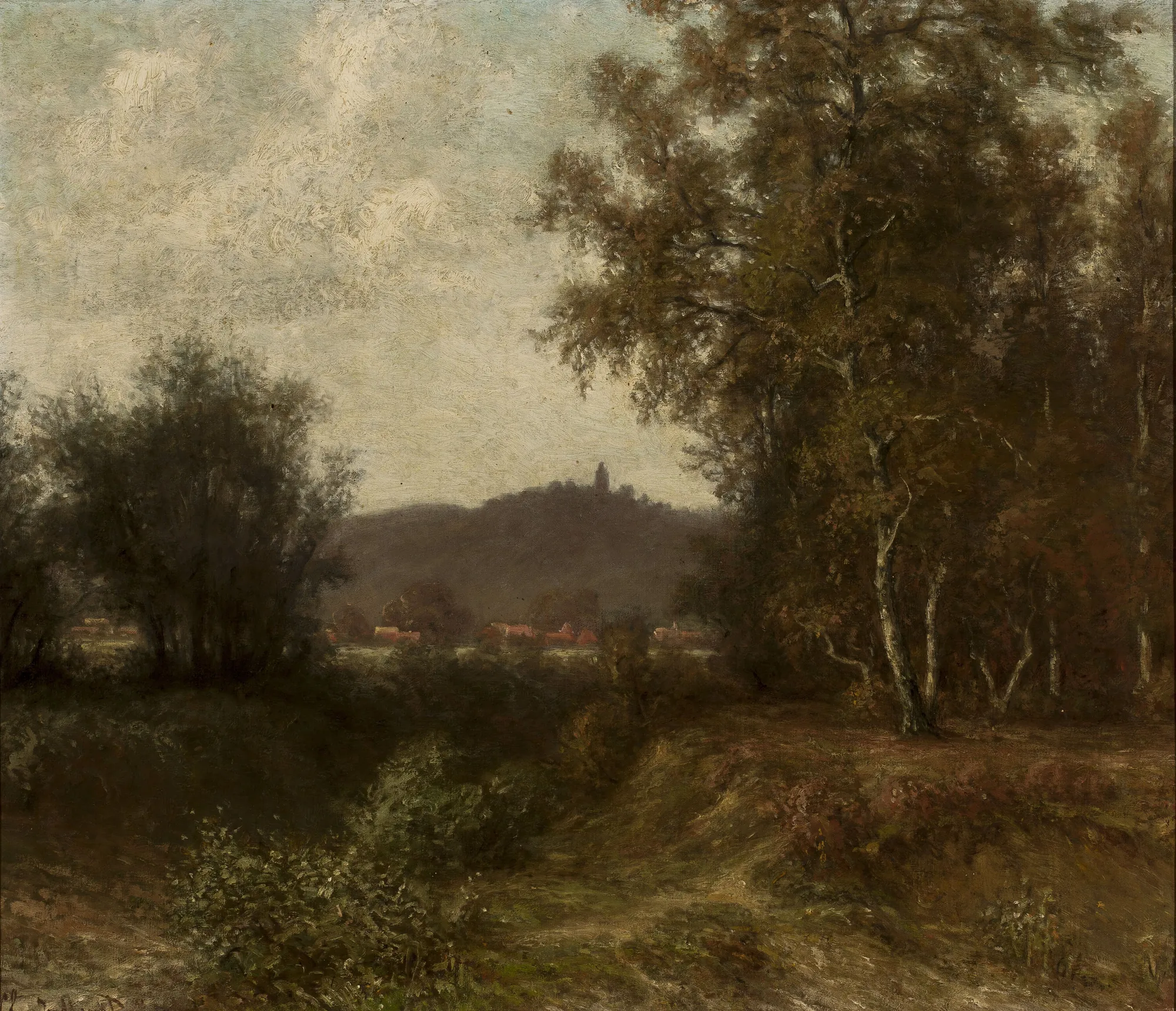 Countryside Landscape with Trees Countryside Landscape with Trees by Claude Monet. An Impressionist landscape featuring a dense cluster of tall trees on the right foreground with a misty hill visible in the distance under a soft, cloudy sky.