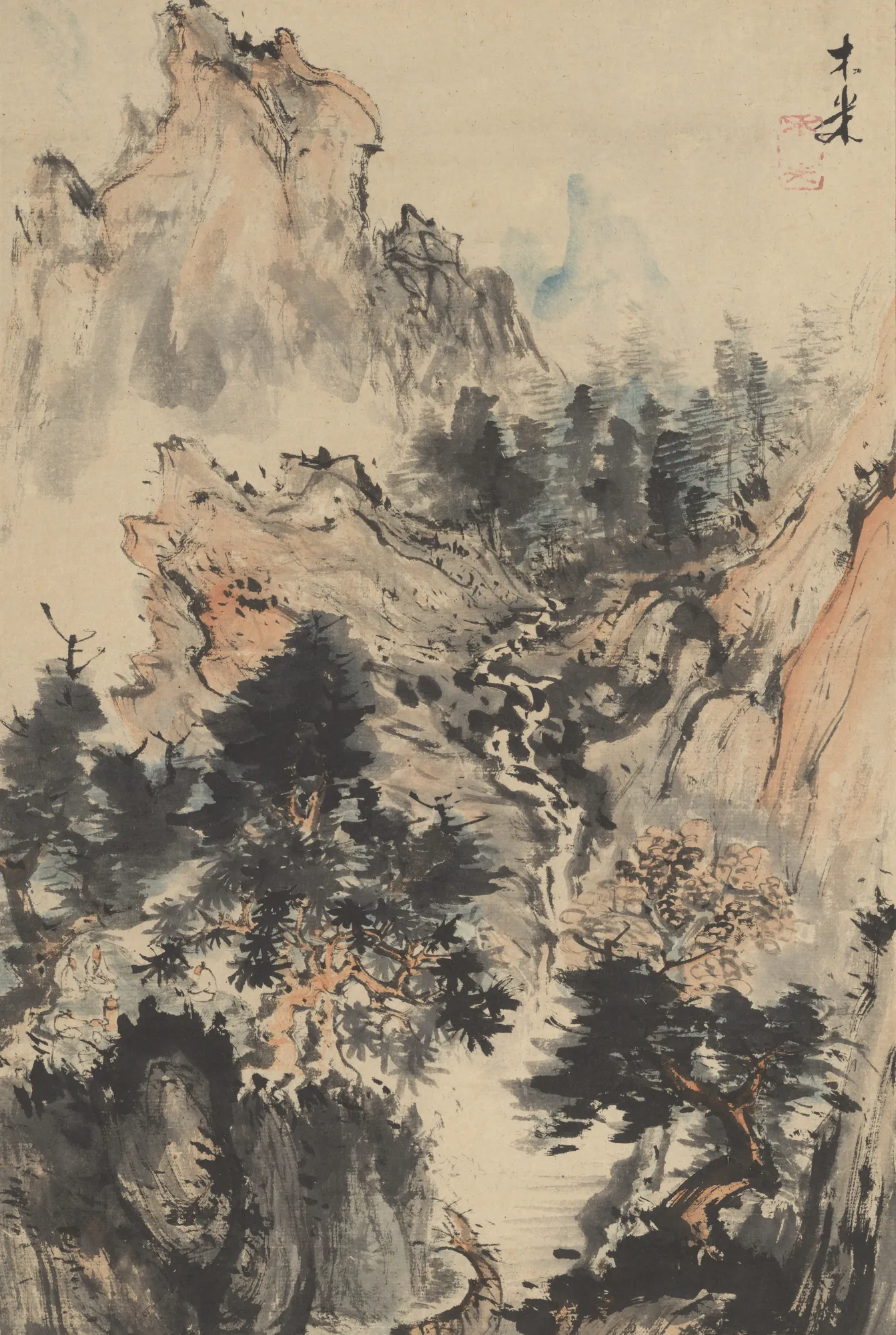 Brewing Tea in the Shade of Trees Brewing Tea in the Shade of Trees by Aoki Mokubei. An ink and wash landscape depicting towering mountains, dense trees, and a small figure brewing tea in a forest clearing.