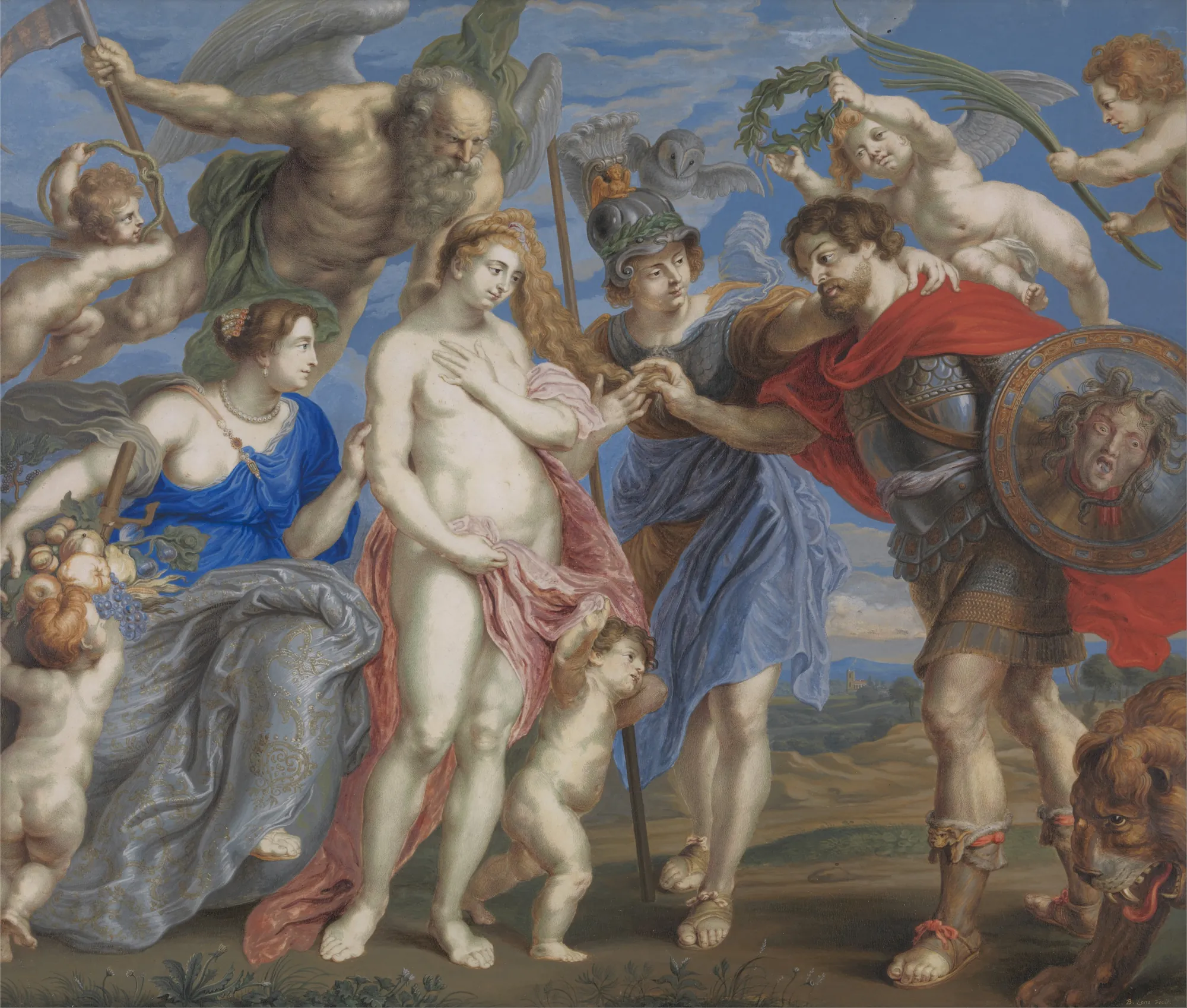 Victorious Hero Takes Occasion to Conclude Peace Victorious Hero Takes Occasion to Conclude Peace by Bernard Lens III. A grand classical allegory featuring a hero with a Medusa-emblazoned shield standing before figures representing wisdom, peace, and beauty.