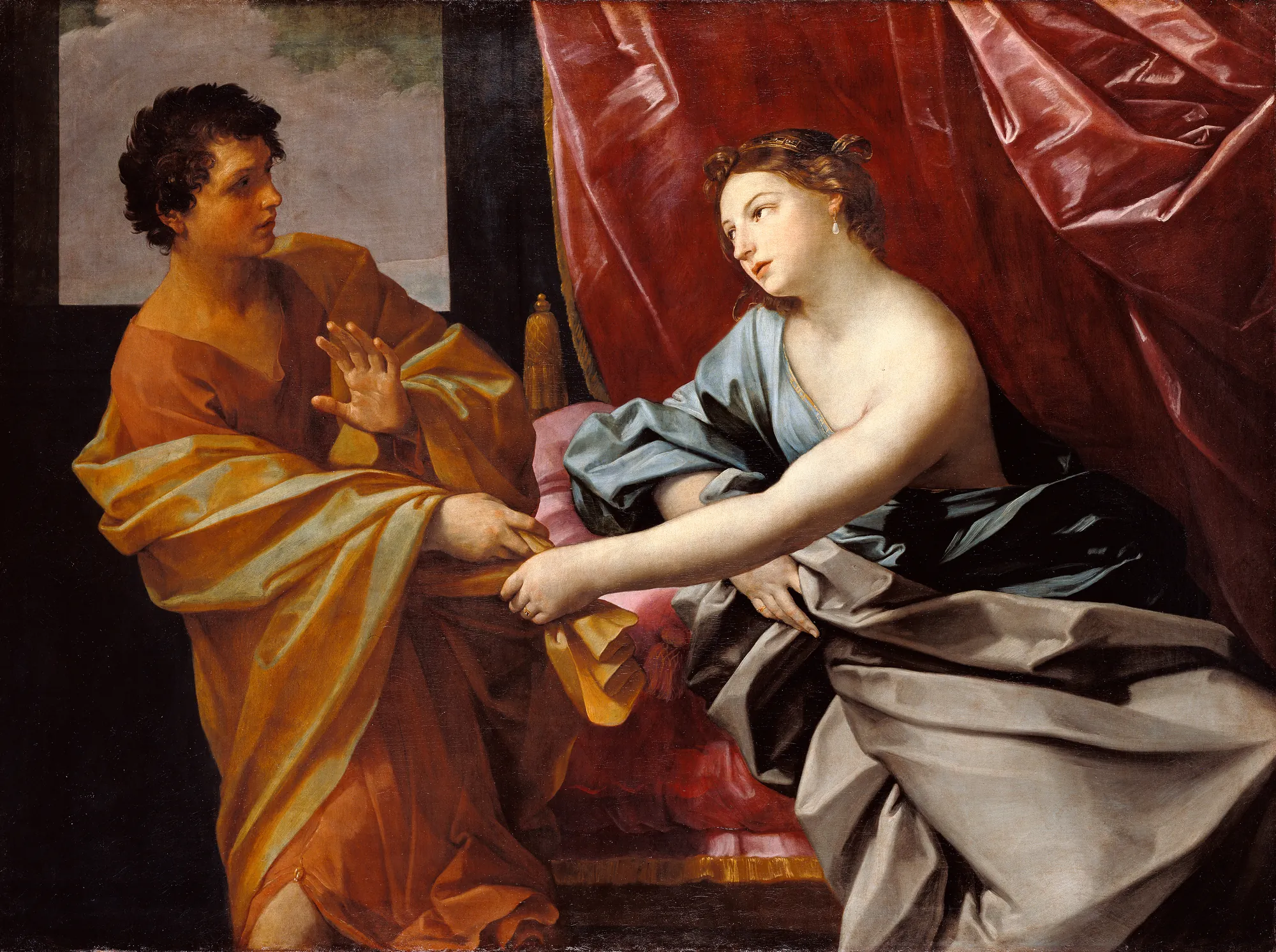 Joseph and Potiphar's Wife Joseph and Potiphar's Wife by Guido Reni. A Baroque painting depicting a young man in yellow robes recoiling from a seated woman who grasps his garment against a backdrop of rich red curtains.