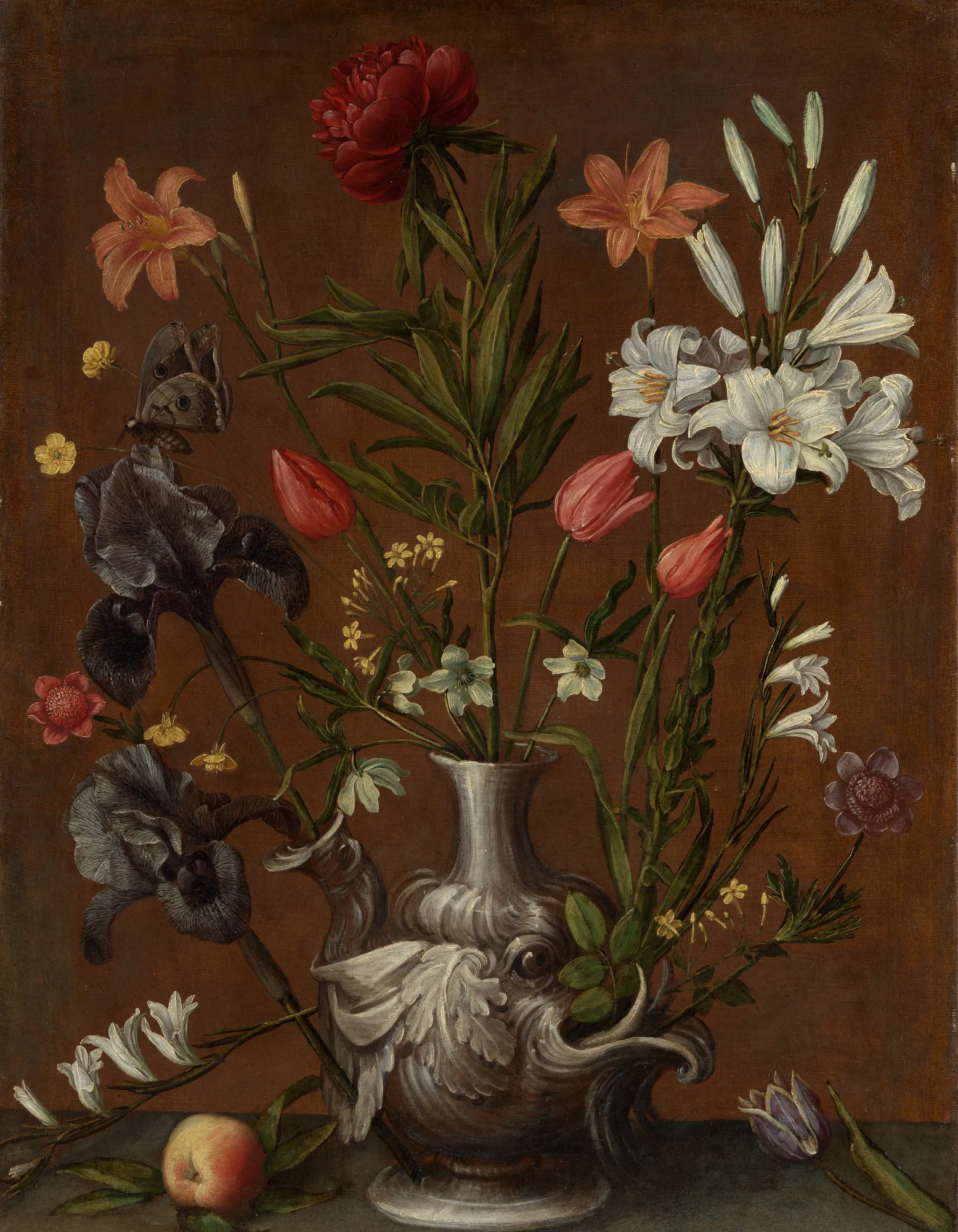 Flowers in a Grotesque Vase Flowers in a Grotesque Vase by Orsola Maddalena Caccia. An arrangement of lilies, irises, tulips, and a peony in an ornate silver-colored vase shaped like a fantastical face, accompanied by a butterfly and a peach.