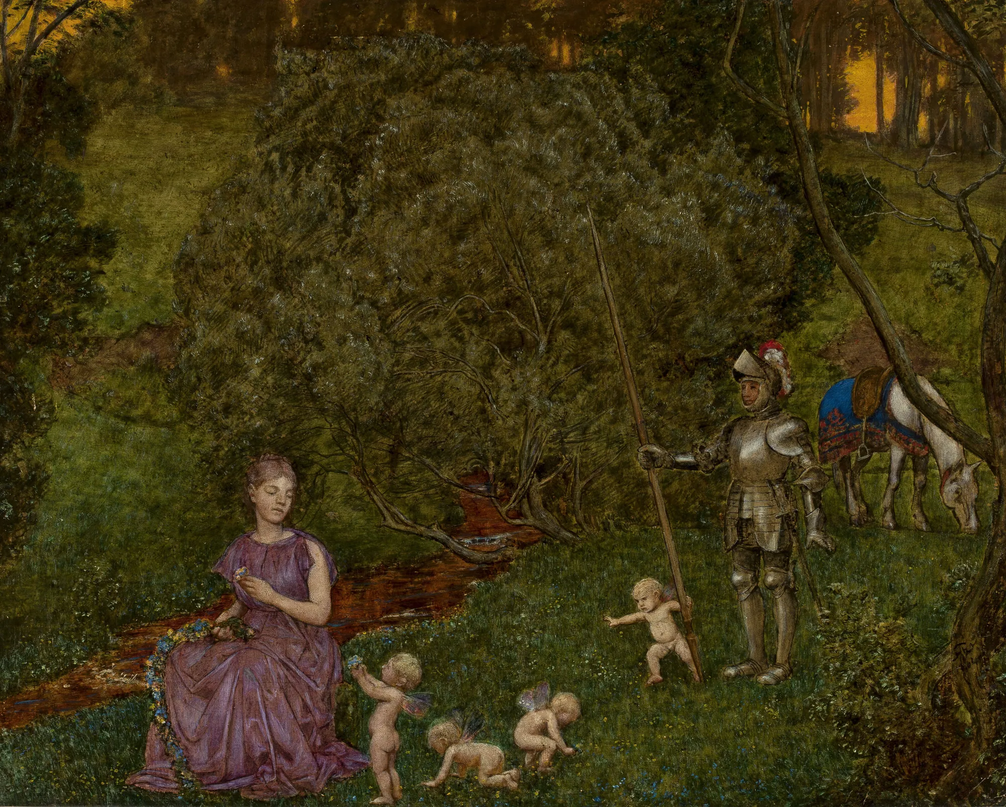 Fairy Tale – Knight Fairy Tale – Knight by Hans Thoma. A knight in full plate armor stands in a lush woodland clearing beside a woman in a purple robe and several small winged figures near a stream.