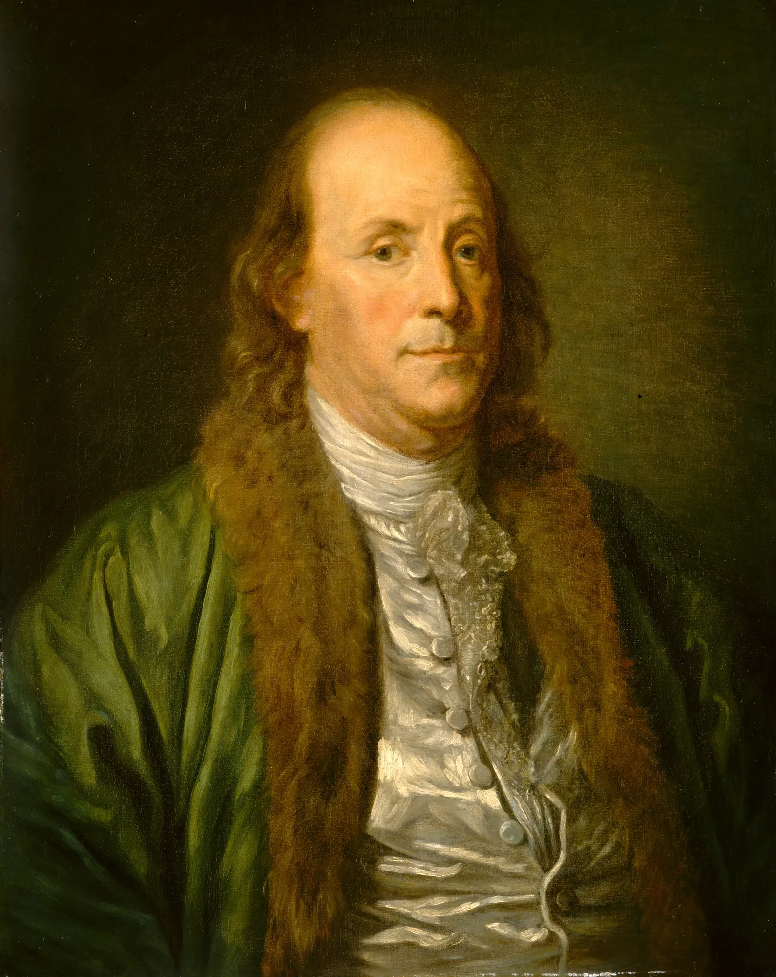Benjamin Franklin Benjamin Franklin by Unknown Artist. A three-quarter length oil portrait of Benjamin Franklin wearing a green coat with a thick fur collar and a white cravat.