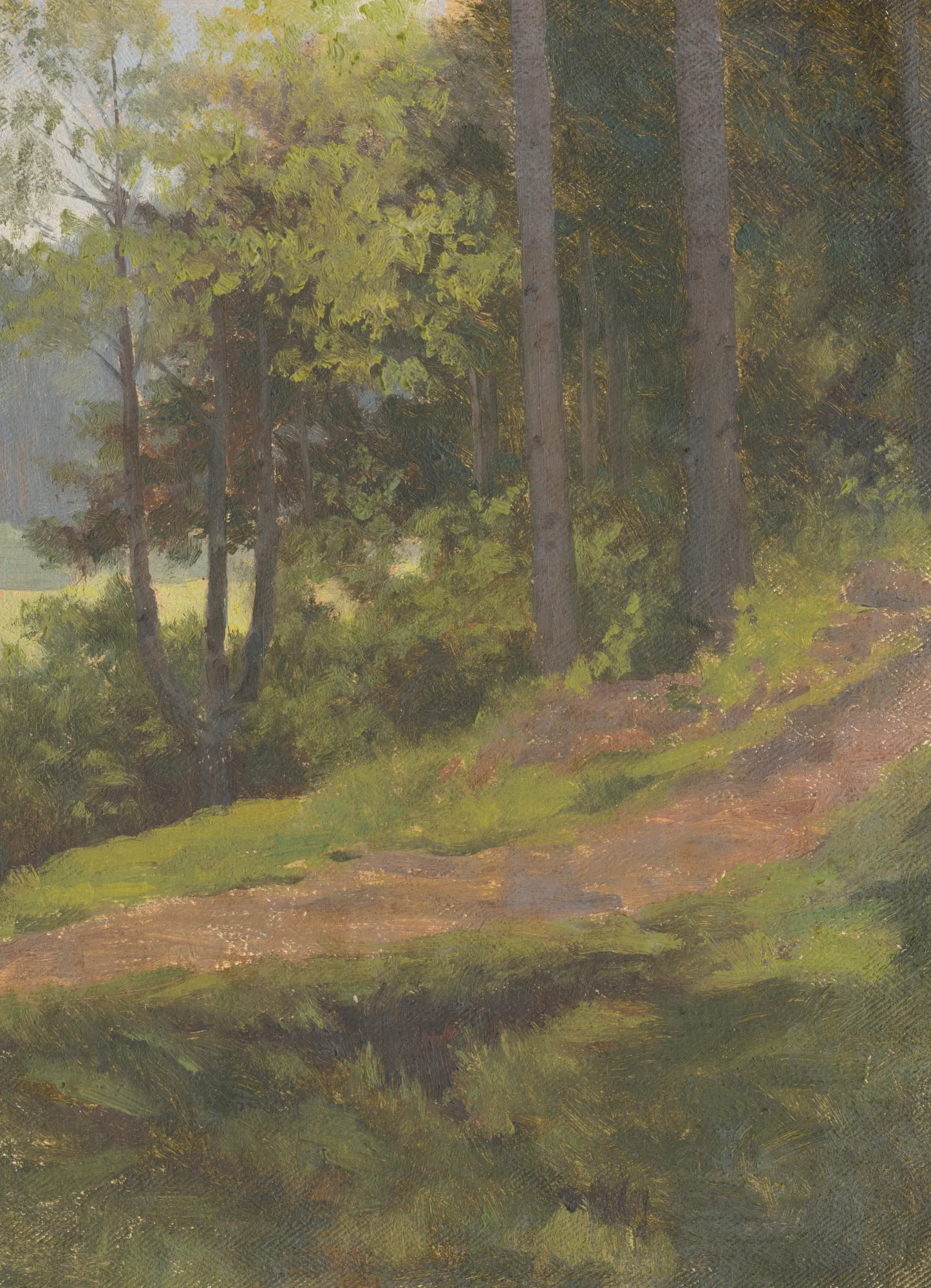 Path on the Edge of the Forest Path on the Edge of the Forest by Jan Nowopacký. A sun-dappled dirt path winds along the perimeter of a lush green forest under a soft sky.