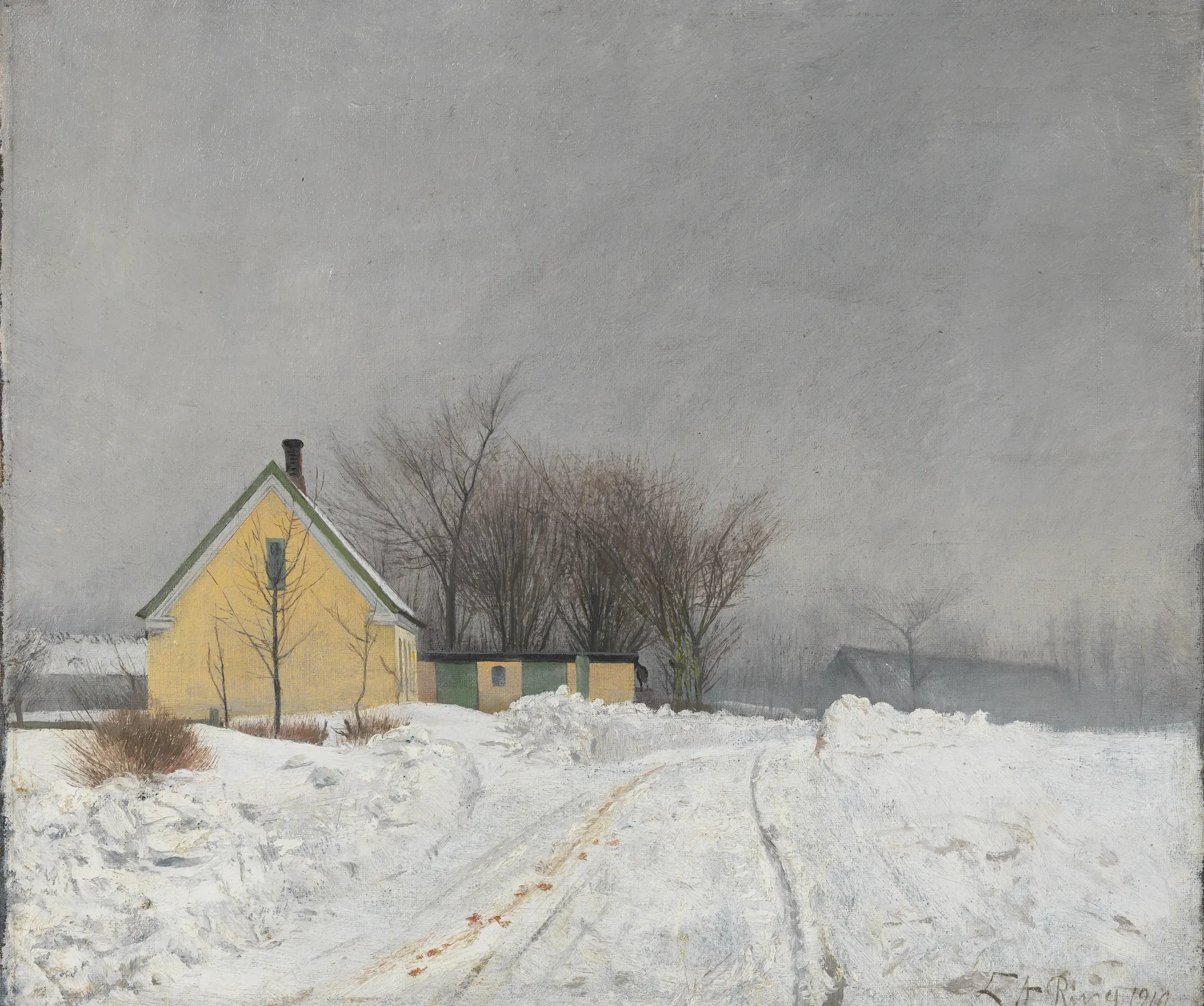 Foggy Winter Day with a Yellow House Foggy Winter Day with a Yellow House by Laurits Andersen Ring. A solitary yellow house is nestled in deep snow under a heavy, overcast grey sky on a foggy day.