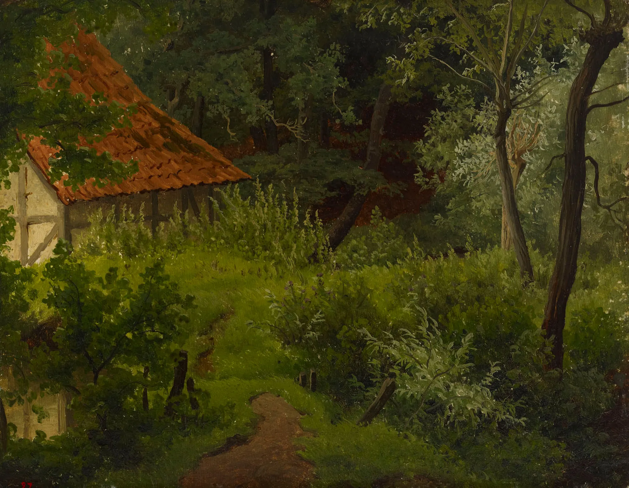 Farmhouse in the Woods Farmhouse in the Woods by Werner Holmberg. A quaint half-timbered farmhouse with a red tiled roof nestled within a dense, sun-dappled forest of tall trees and lush undergrowth.