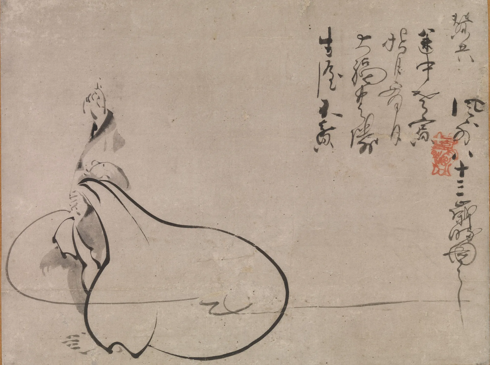 Hotei Pointing at the Moon Hotei Pointing at the Moon by Fūgai Ekun. A minimalist Zen ink wash painting depicting the figure of Hotei with a large sack, pointing upwards toward an unseen moon, accompanied by calligraphic text.
