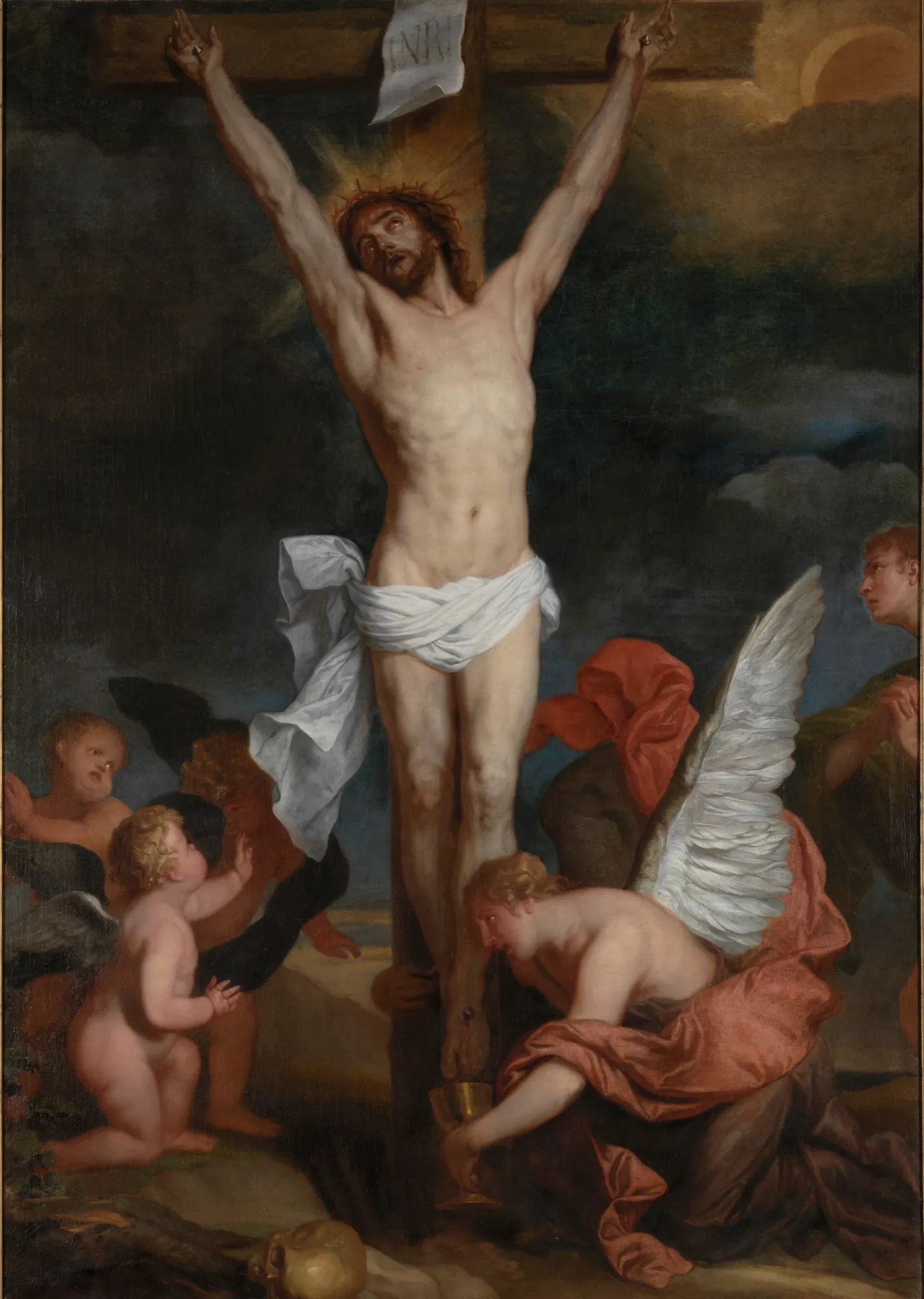 Jesus on the Cross Jesus on the Cross by Pieter Thijs. A dramatic Baroque painting depicting the crucifixion of Jesus Christ, flanked by an angel and cherubs beneath a dark, atmospheric sky.