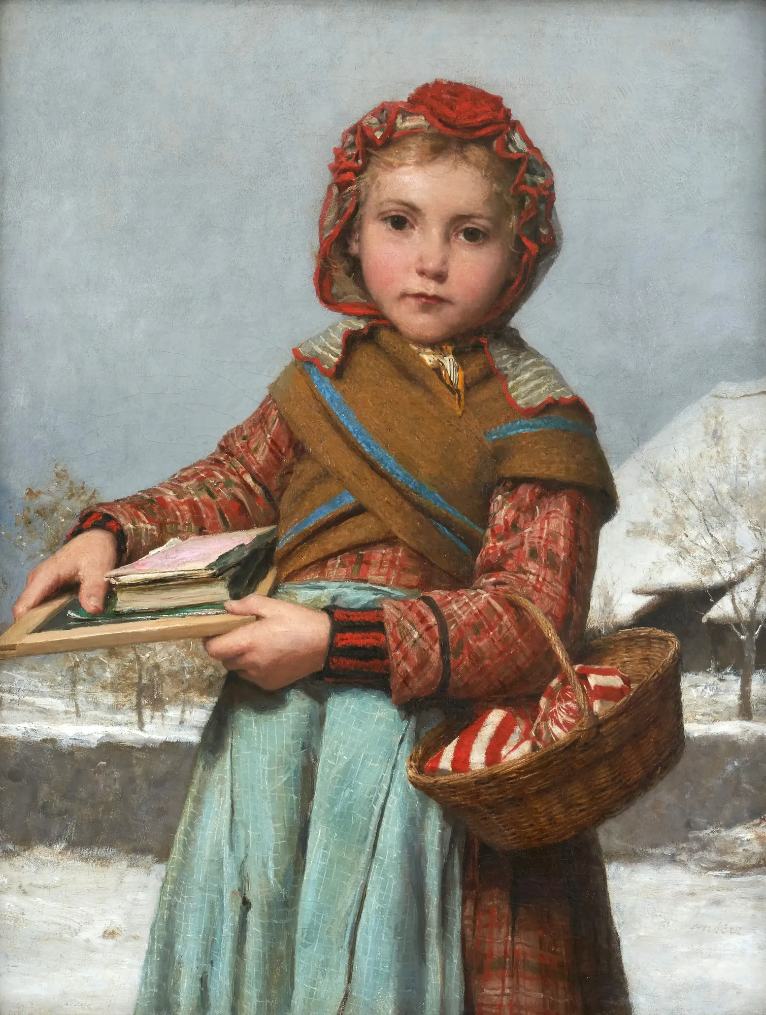 Schoolgirl with Slate and Sewing Basket