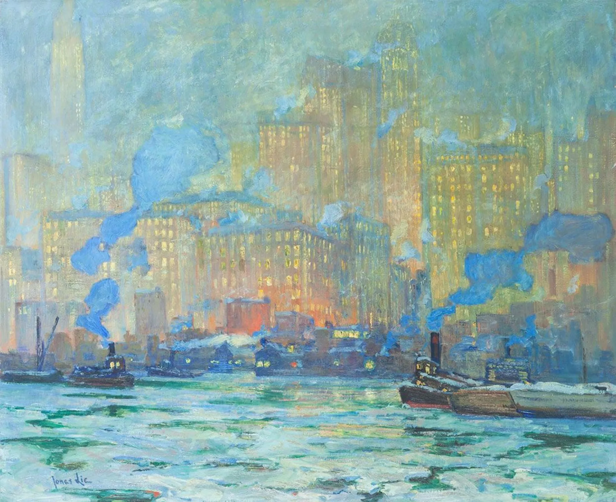 Afterglow Afterglow by Jonas Lie. An atmospheric harbor scene featuring tugboats on icy water set against a backdrop of glowing city skyscrapers shrouded in steam.