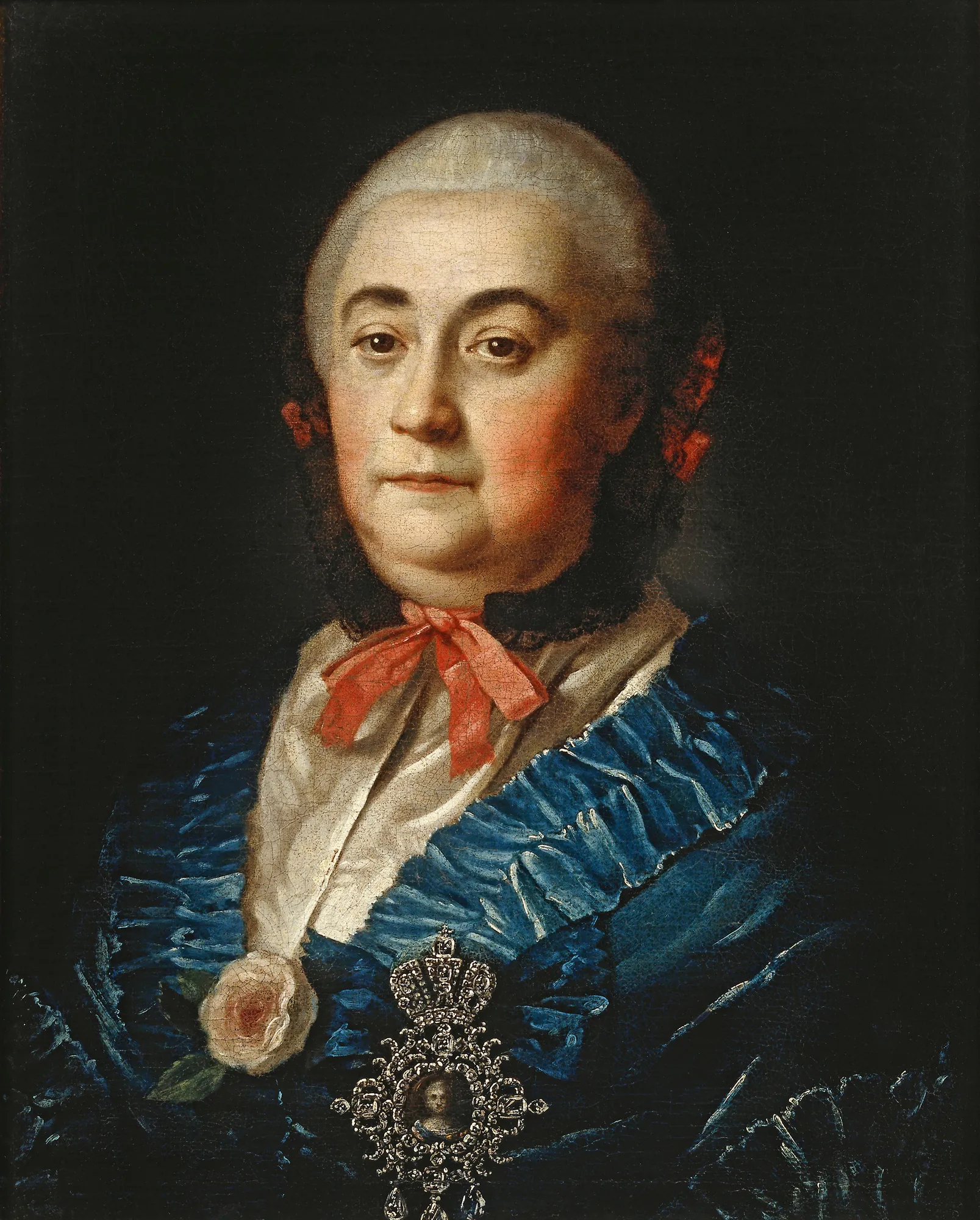 Portrait of A. M. Izmailova Portrait of A. M. Izmailova by Aleksey Antropov. A waist-length portrait of a woman in a vibrant blue ruffled dress with a jeweled brooch and a pink rose.