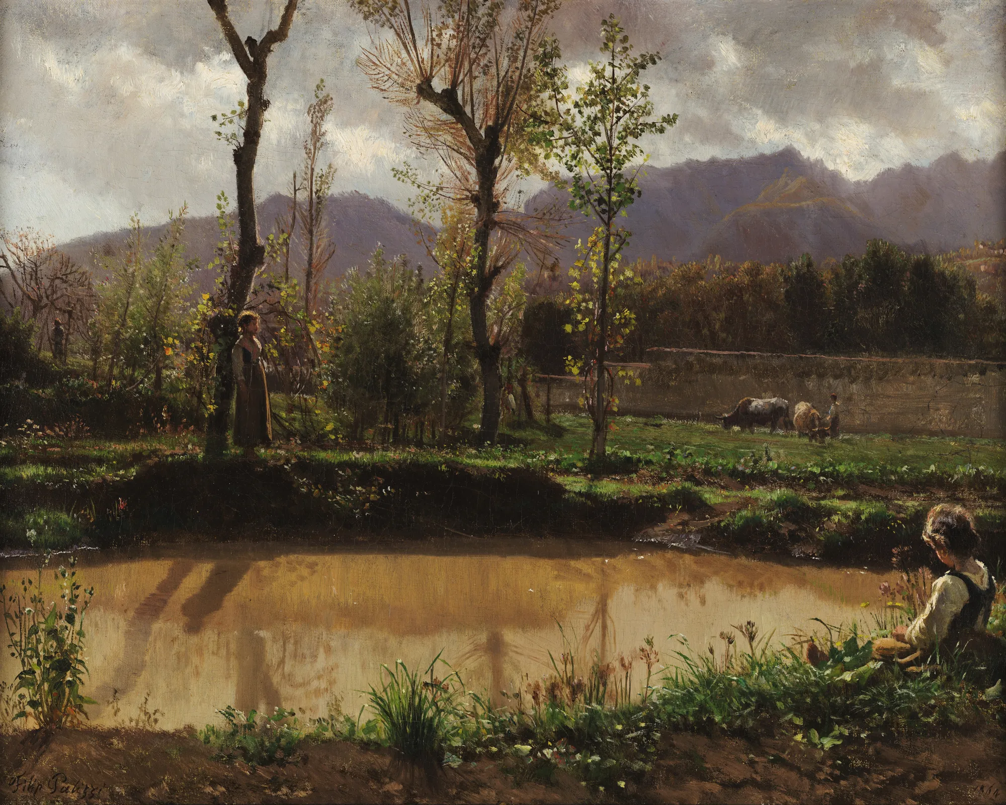 Landscape after the Rain Landscape after the Rain by Filippo Palizzi. A pastoral landscape featuring a reflective muddy pool in the foreground with figures, cattle, and dramatic mountains under a clearing storm sky.
