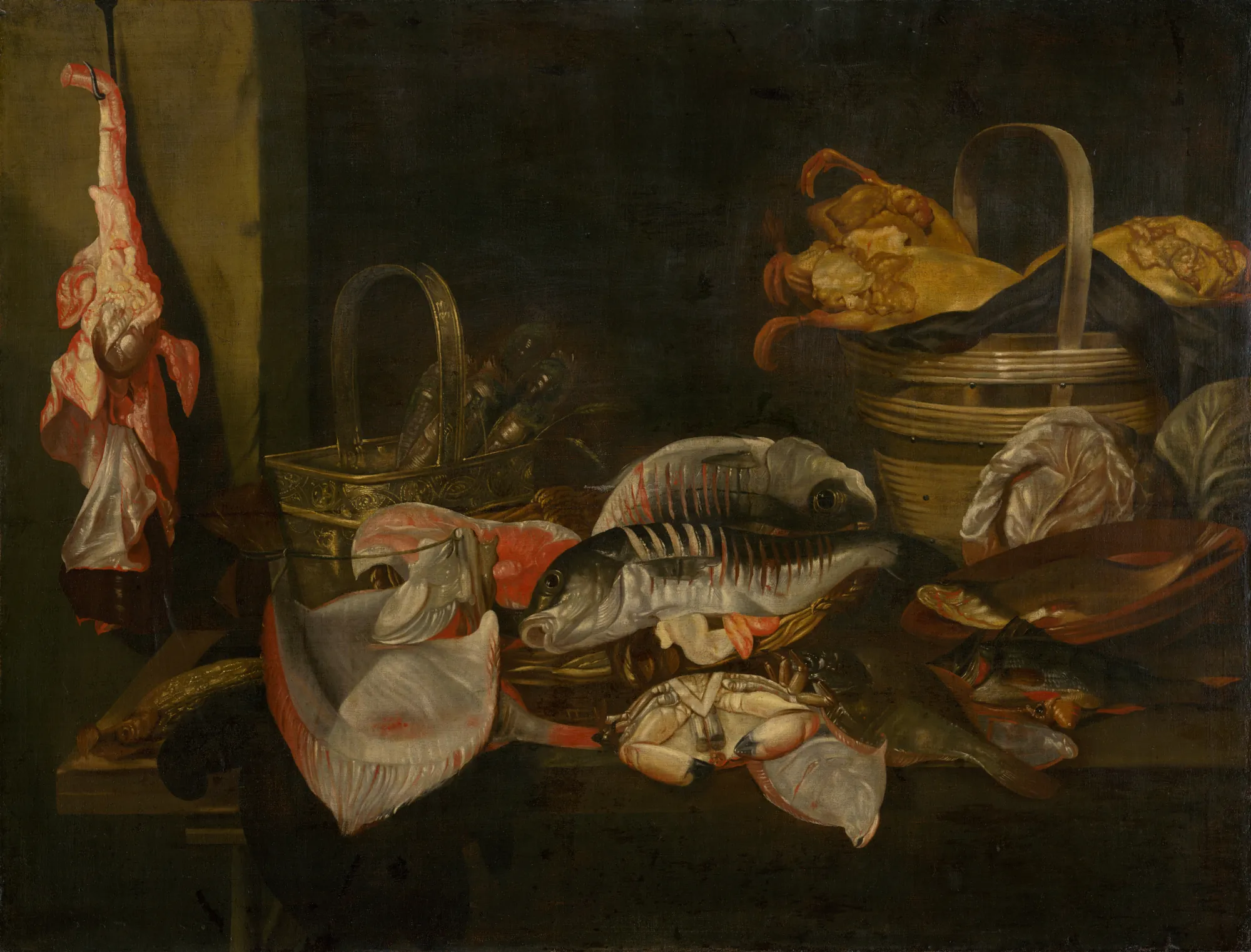 Still Life with Fish Still Life with Fish by Abraham van Beijeren. An arrangement of various fish, a crab, and a hanging joint of meat set against a dark, atmospheric background with baskets on a wooden table.