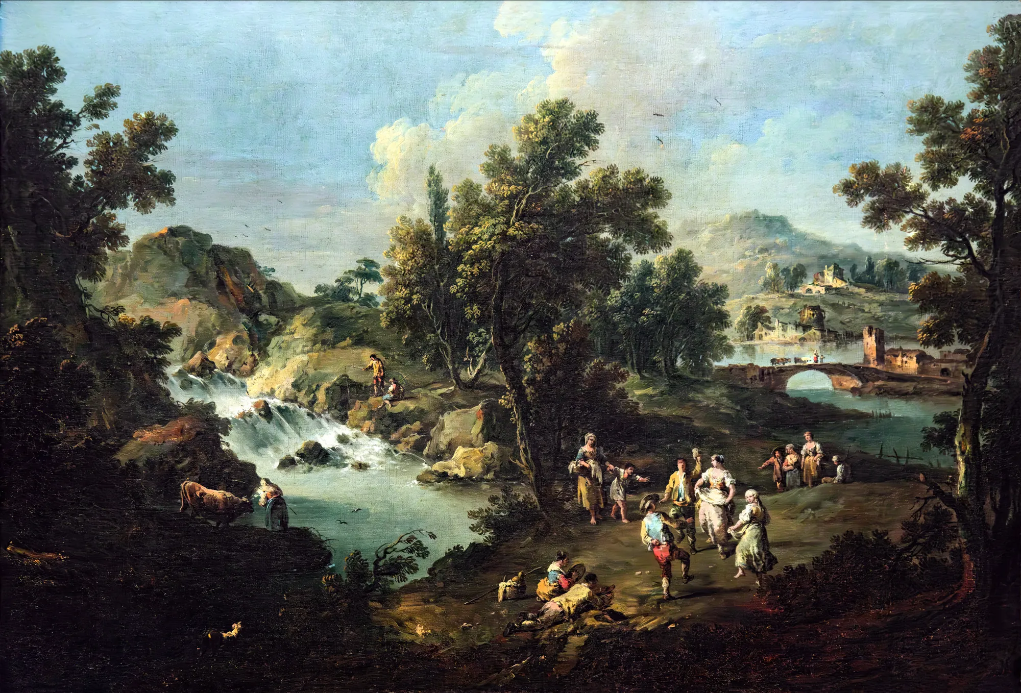 Landscape with a Stream and Peasants Dancing Landscape with a Stream and Peasants Dancing by Giuseppe Zais. A pastoral scene featuring a group of peasants dancing and relaxing by a river with a small waterfall and a distant stone bridge under a bright sky.
