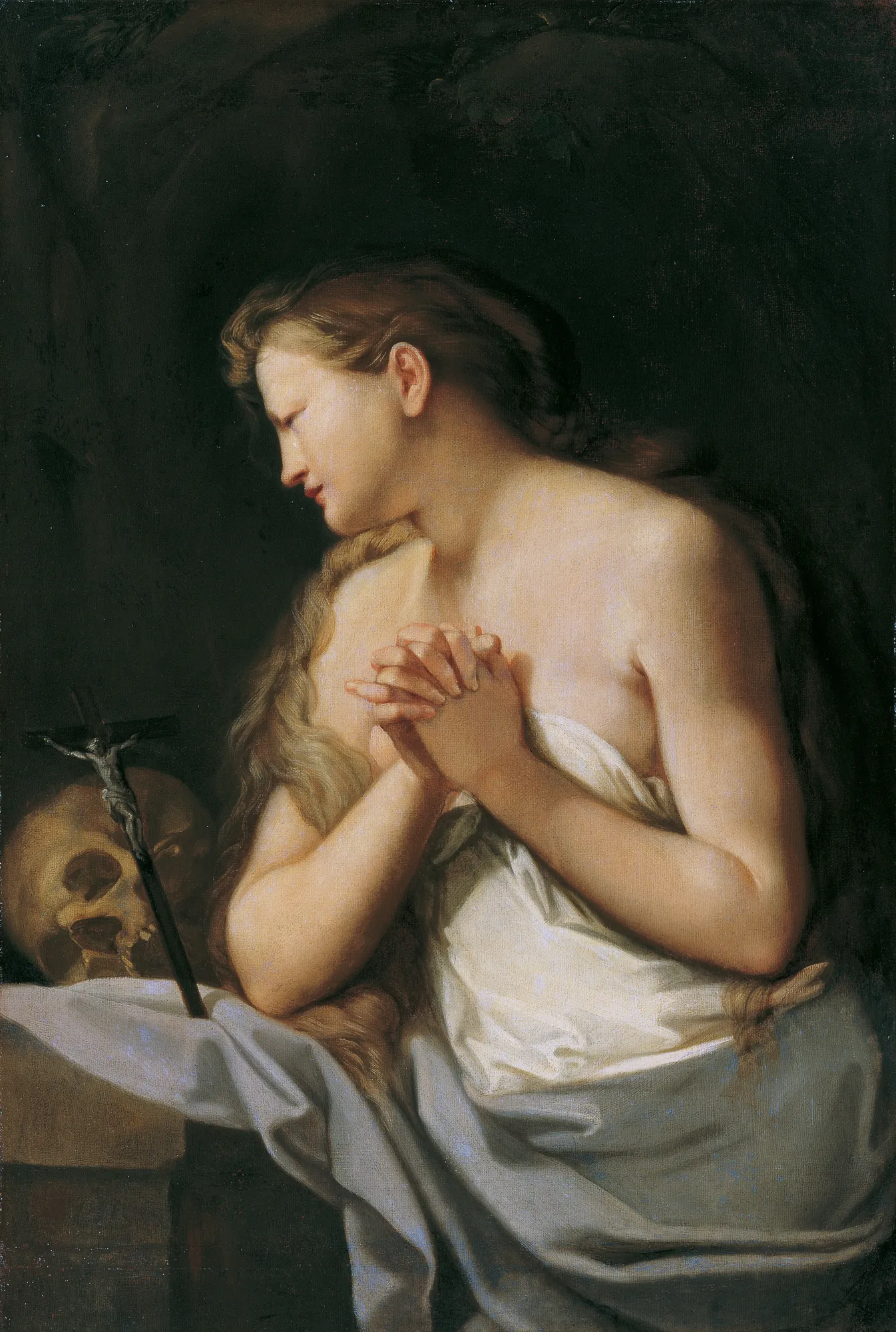 The Penitent Saint Mary Magdalene The Penitent Saint Mary Magdalene by Frančišek Karel Remb. A woman with long flowing hair is depicted in profile with clasped hands, set against a dark background with a skull and crucifix.