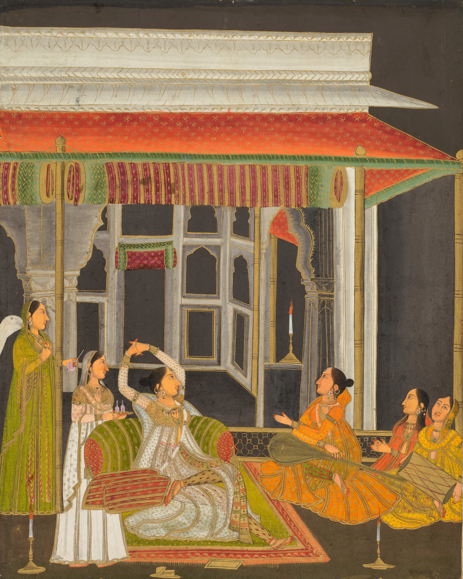 A Princess on a Terrace with Attendants at Night