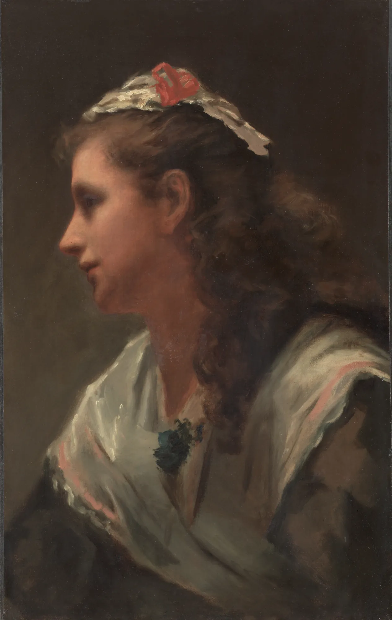 His First Model: Miss Russell His First Model: Miss Russell by William Morris Hunt. An oil portrait of a young woman in profile wearing a white shawl and a small white cap with a red ribbon.