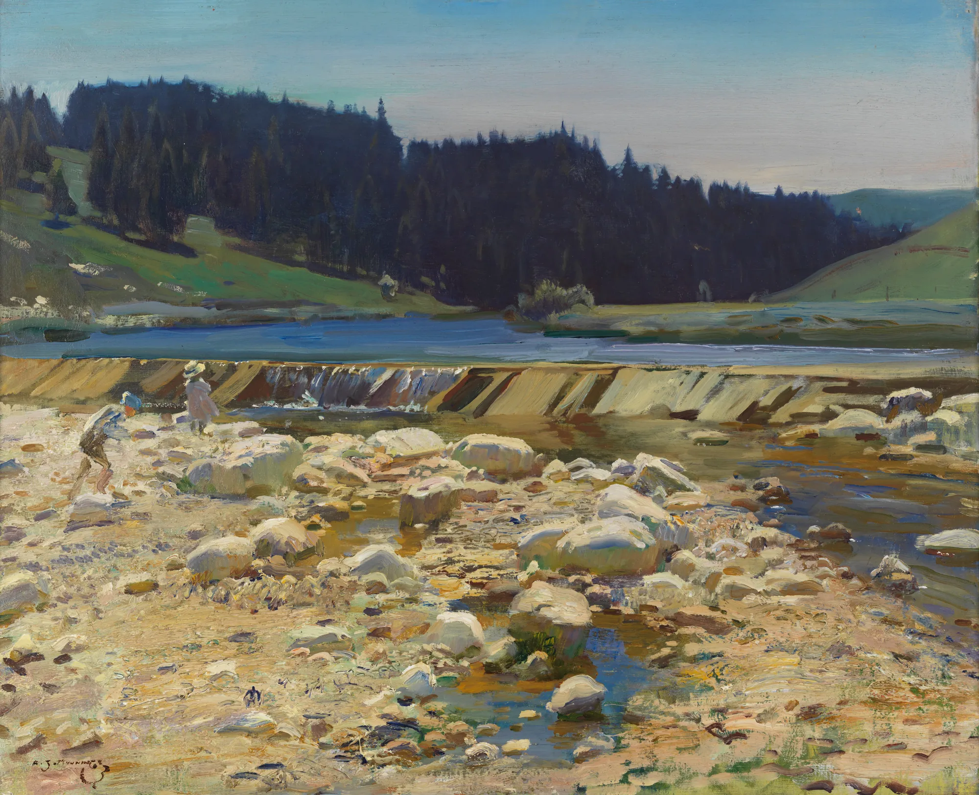 A Stream Bed at Labergement, Jura Forest A Stream Bed at Labergement, Jura Forest by Alfred Munnings. An impressionistic oil painting depicting a rocky riverbed with a small waterfall, set against a dark coniferous forest under a clear blue sky.
