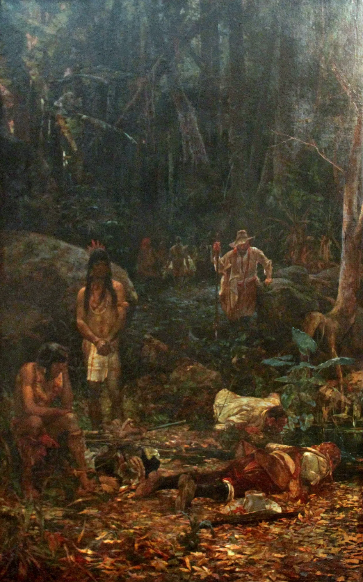 Os Bandeirantes Os Bandeirantes by Henrique Bernardelli. A group of explorers and indigenous people are situated within a dense, shadowed forest, with some figures standing and others resting on the ground.