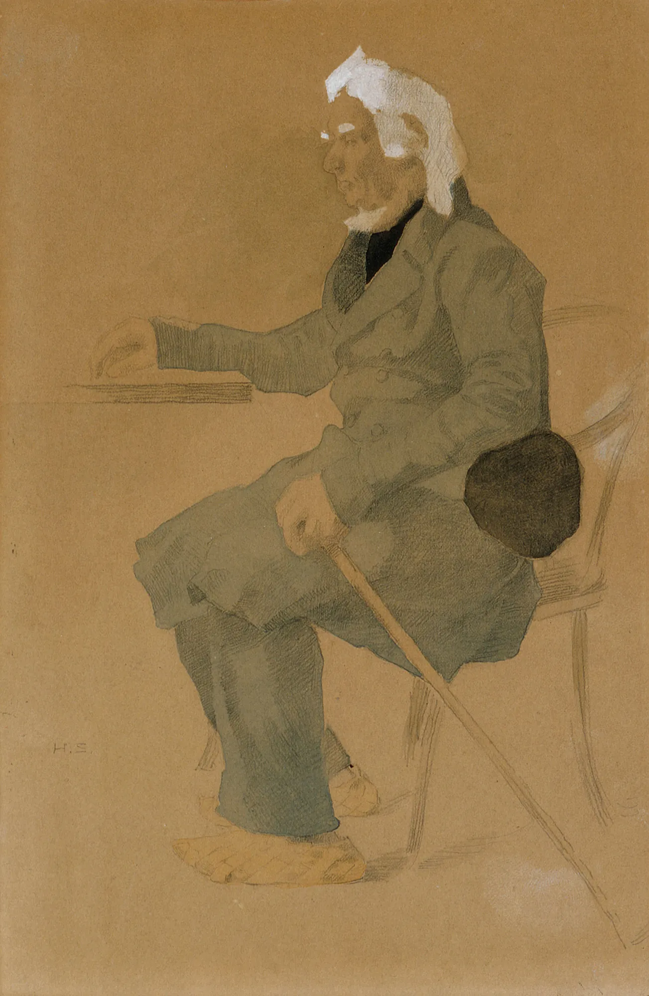 Harjun Paavo, Löyttymäki Harjun Paavo, Löyttymäki by Helene Schjerfbeck. A seated elderly man in profile, holding a walking stick, rendered in charcoal and white highlights on toned paper.