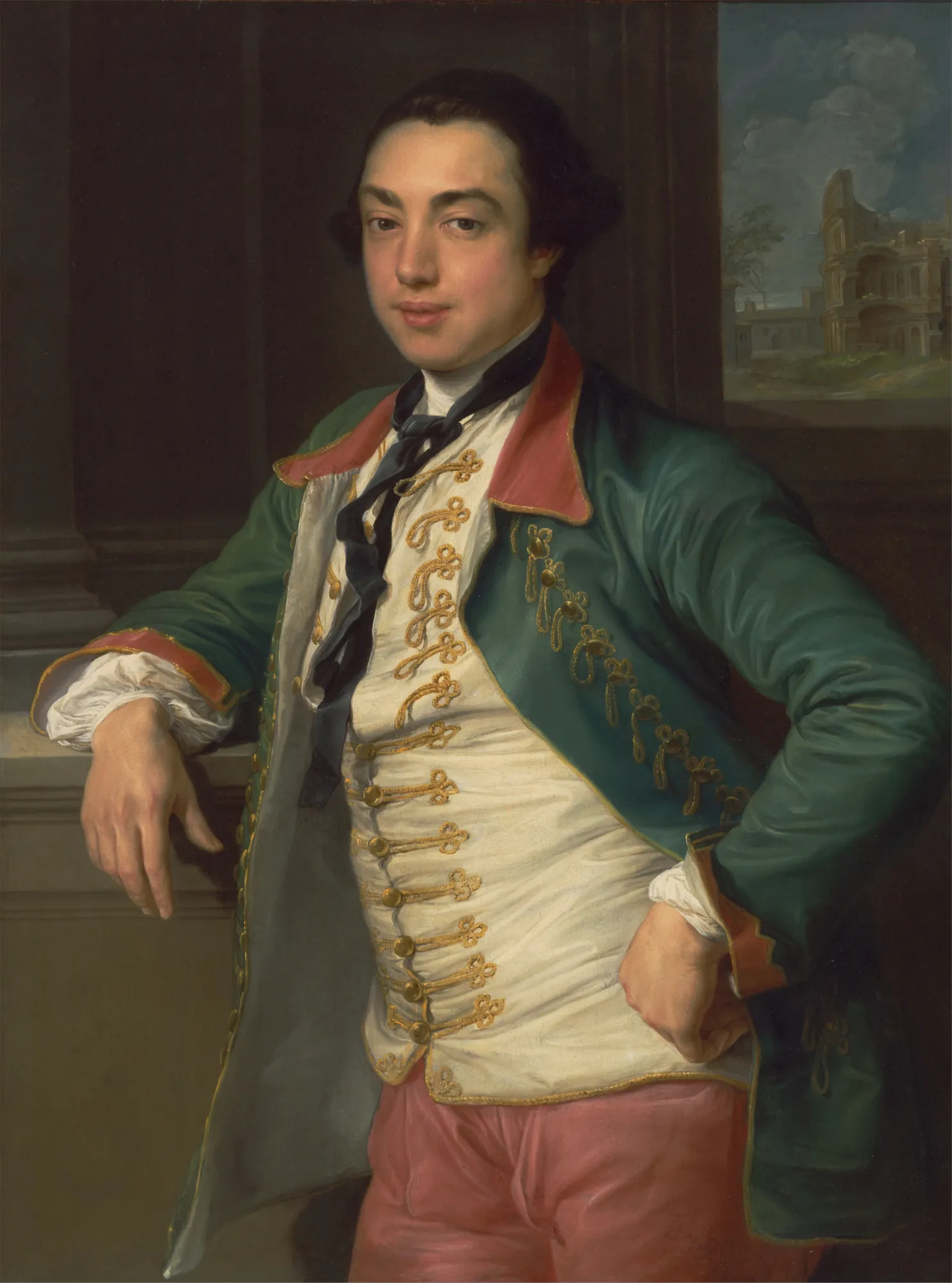 James Caulfeild, 4th Viscount Charlemont James Caulfeild, 4th Viscount Charlemont by Pompeo Batoni. A waist-length portrait of a young nobleman in a green frock coat and gold-trimmed waistcoat, leaning against a stone plinth with classical ruins in the distance.