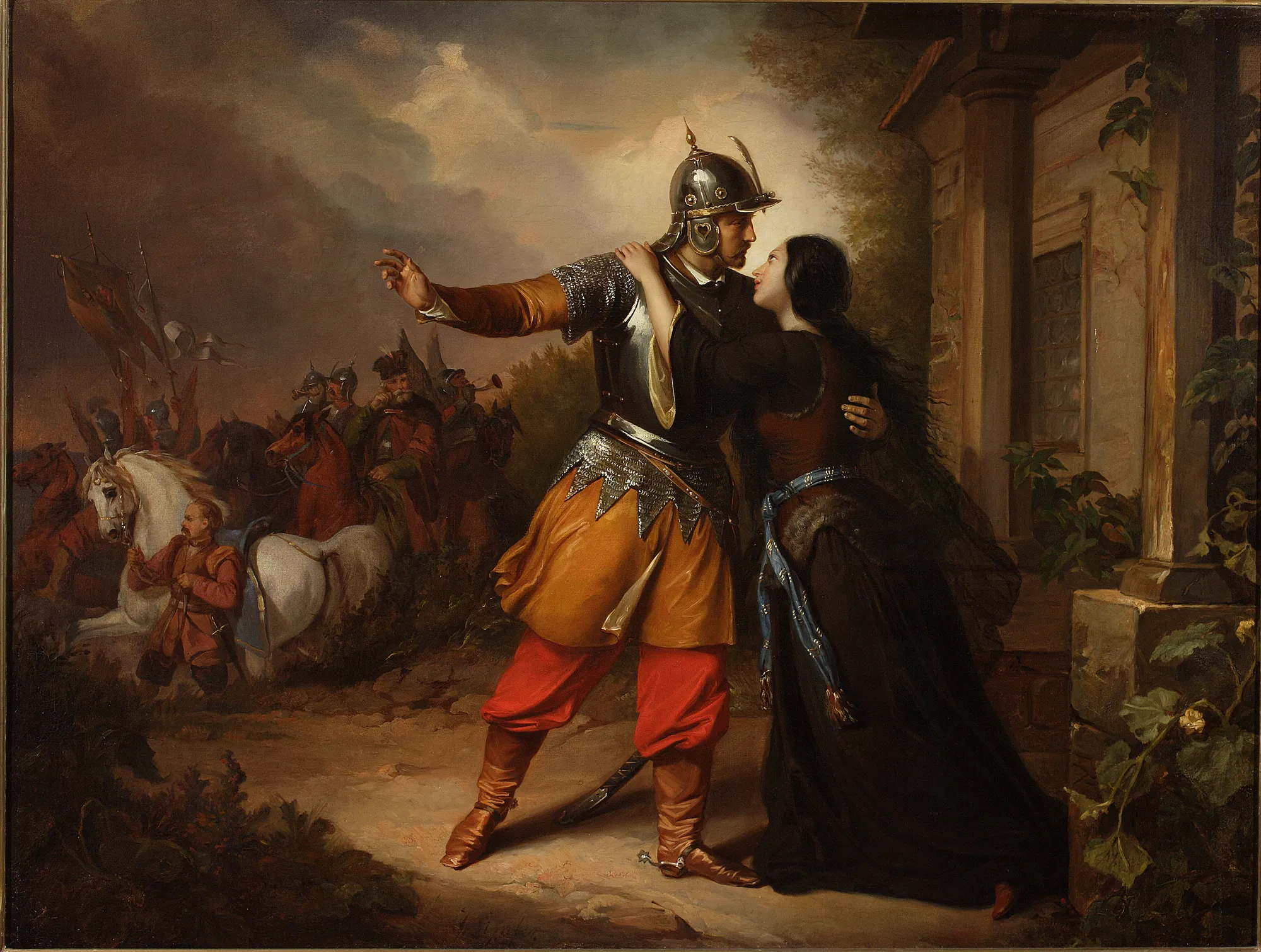 Wacław's Farewell to Maria Wacław's Farewell to Maria by Józef Simmler. A knight in gleaming plate armor bids farewell to a woman in a dark gown as cavalry soldiers wait in the background.