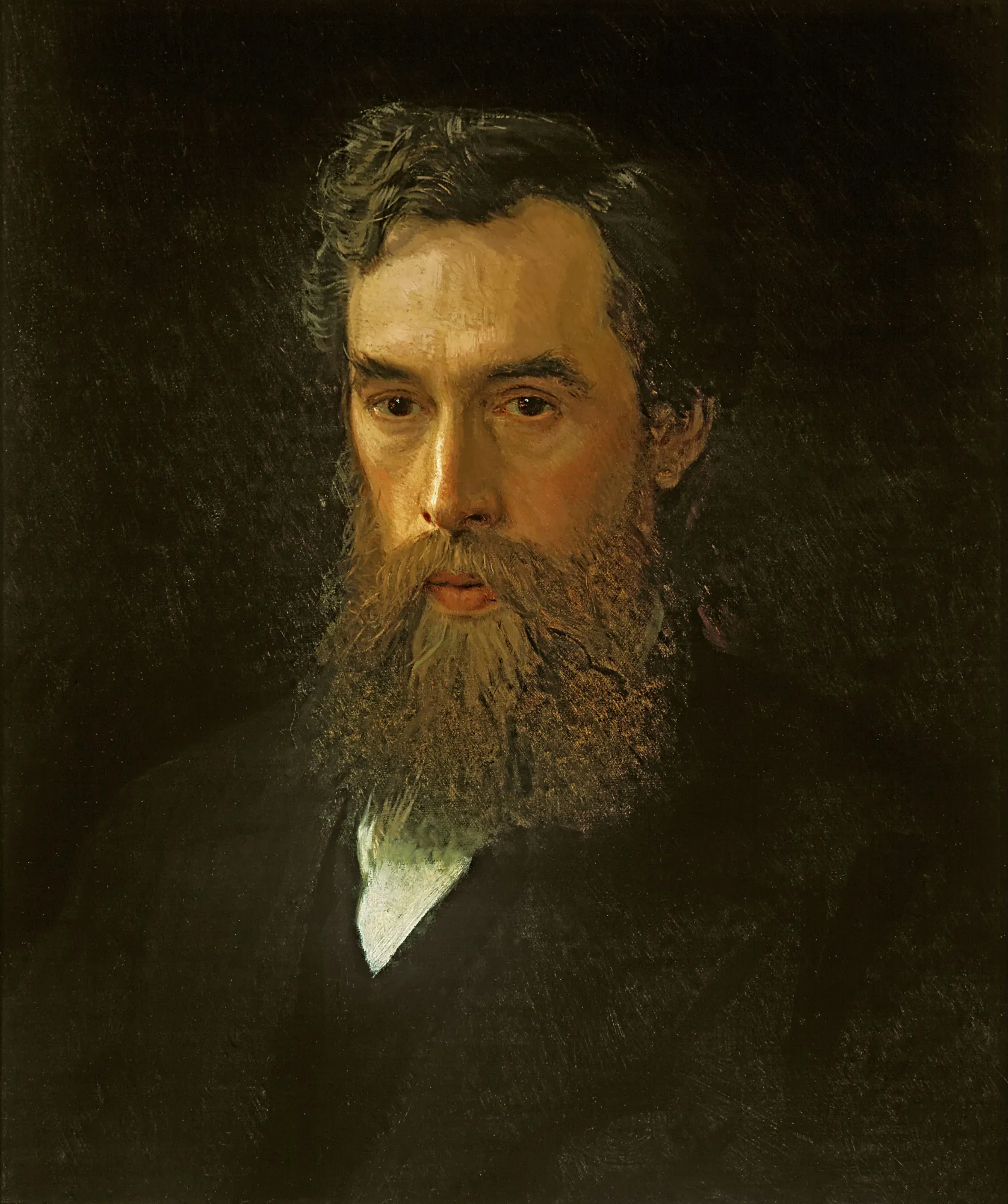 Portrait of Pavel Tretyakov Portrait of Pavel Tretyakov by Ivan Kramskoi. A bust-length portrait of a bearded man with a contemplative expression, set against a dark, textured background.