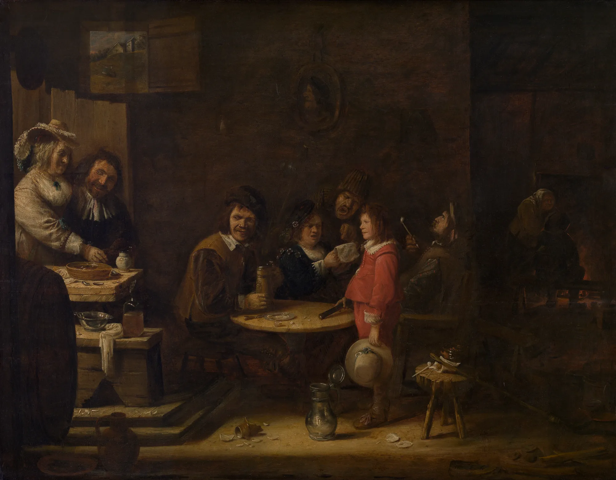 Five Senses Five Senses by Joos van Craesbeeck. A group of figures in a dark, atmospheric interior are engaged in sensory activities like drinking, smoking, and eating around a wooden table.