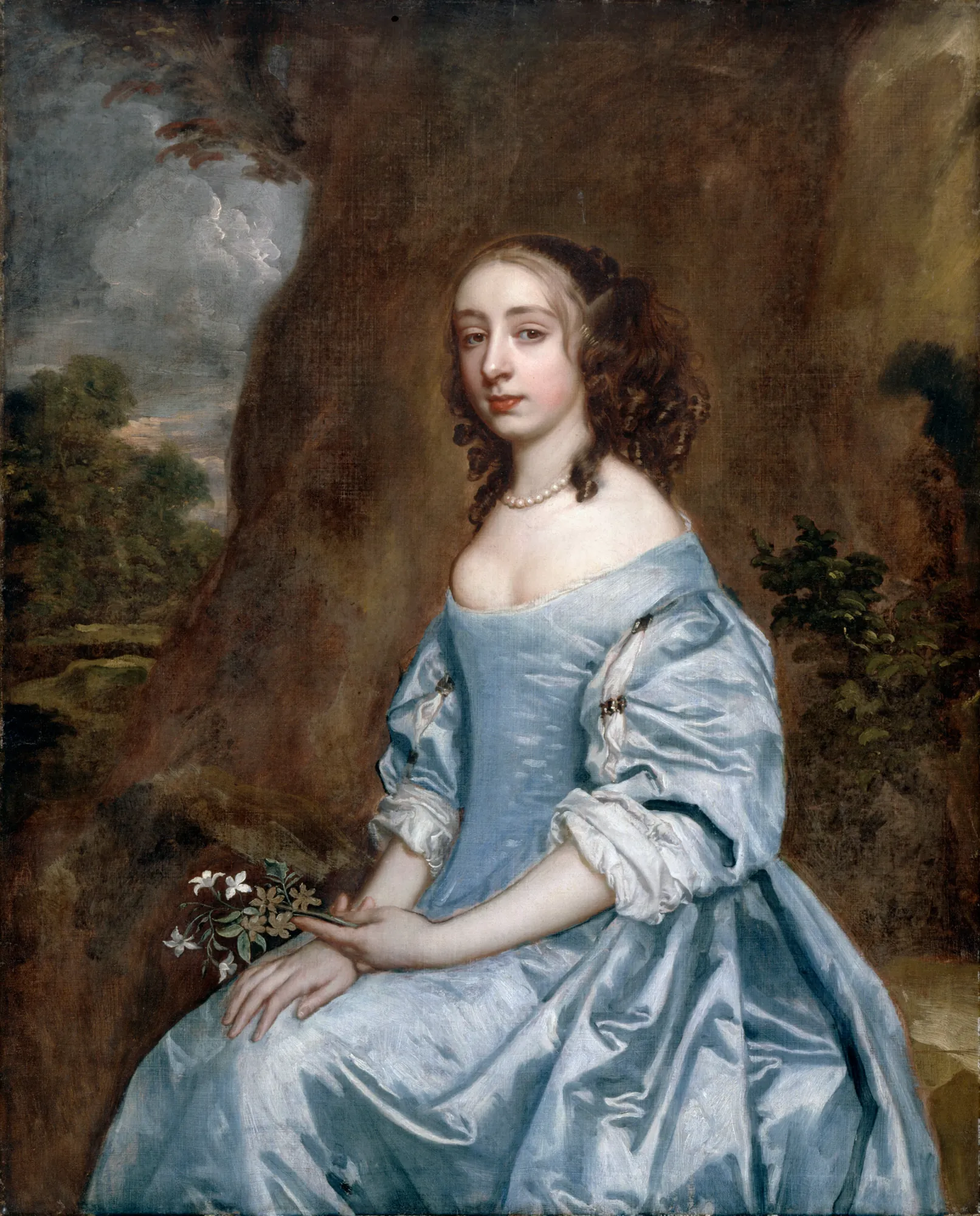 Portrait of a Lady in Blue Holding a Flower