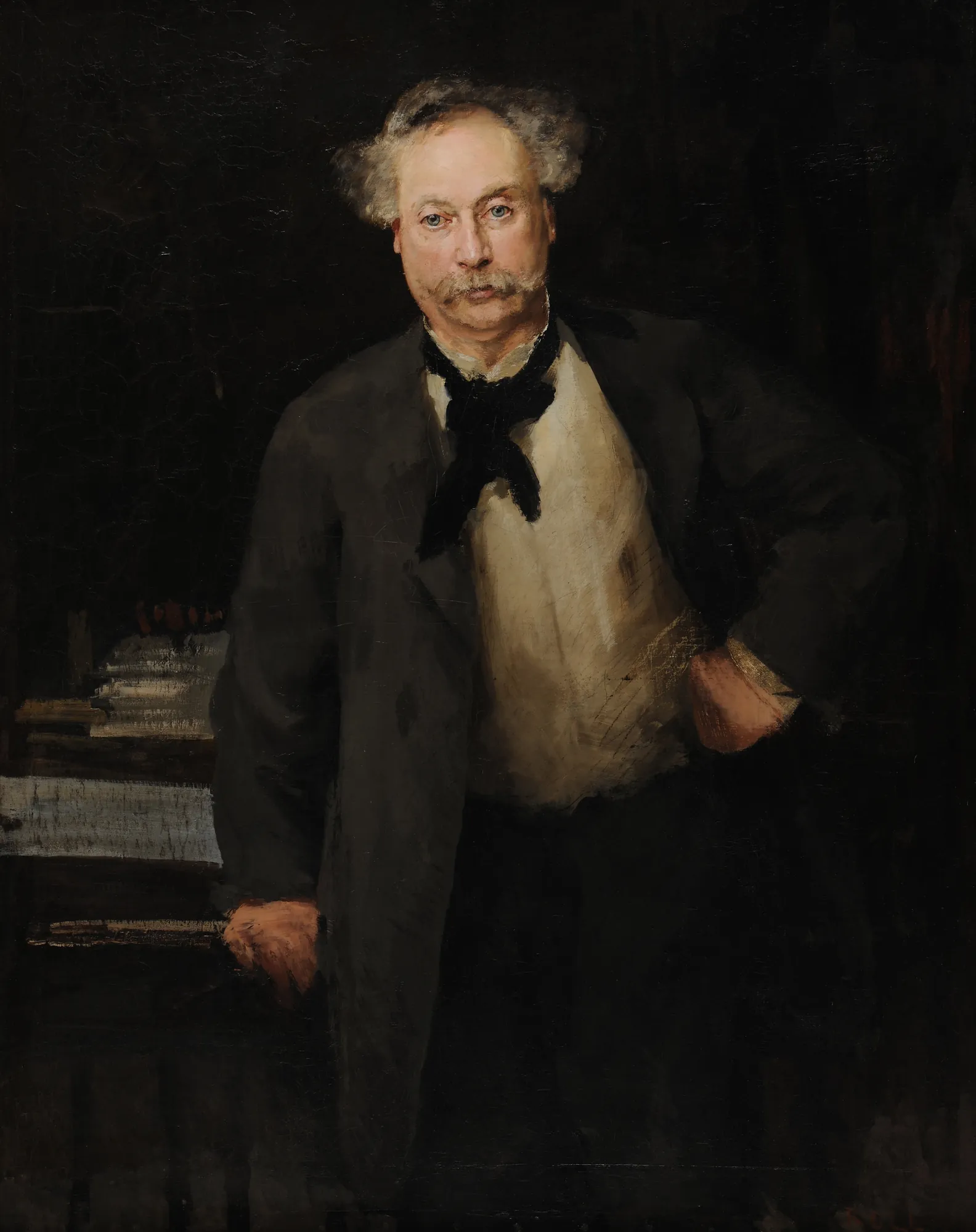 Alexandre Dumas fils Alexandre Dumas fils by Alfred Philippe Roll. A half-length portrait of an older man with a mustache and white hair, dressed in a dark coat and black bow tie, standing next to a stack of papers.