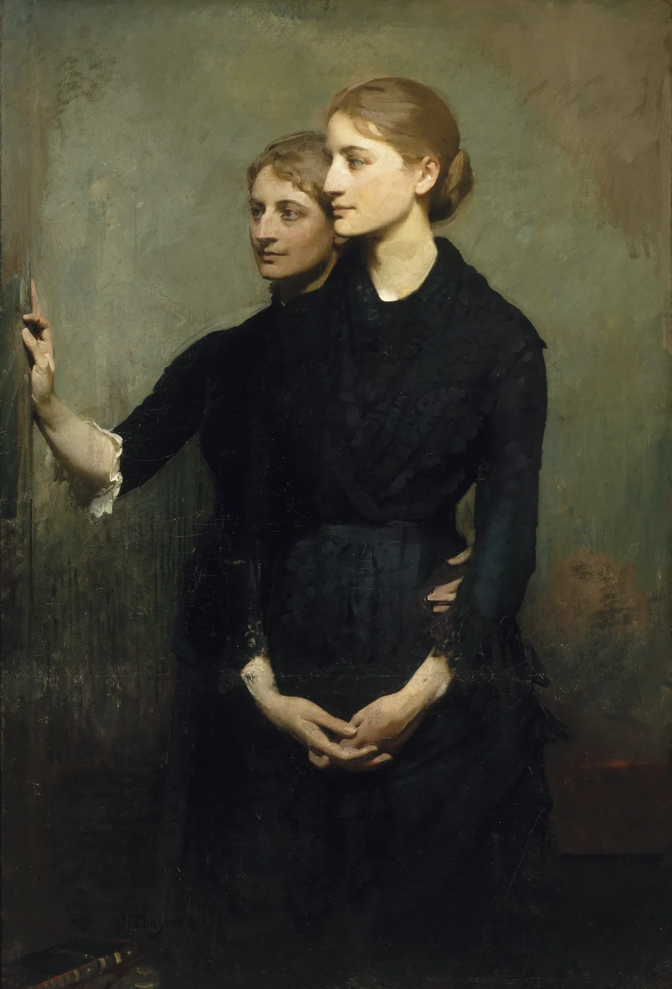 The Sisters The Sisters by Abbott Handerson Thayer. Two sisters in dark Victorian dresses stand in a side-by-side embrace against a muted, atmospheric background.