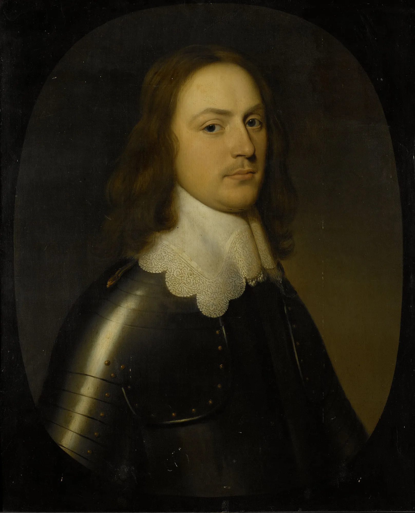 Portrait of an Officer Portrait of an Officer by Gerard van Honthorst. A bust-length portrait of a 17th-century man in polished dark armor and a white lace collar, presented in an oval composition.