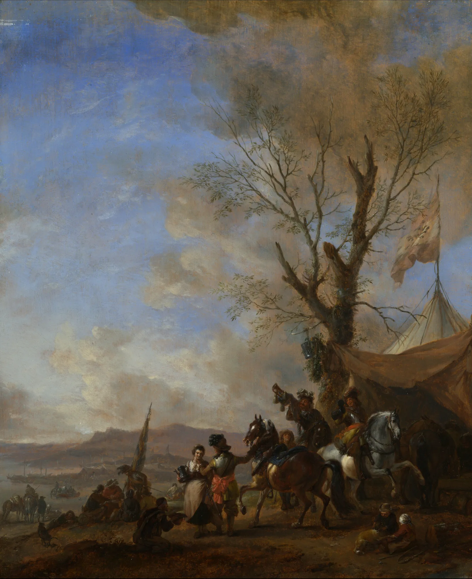 Cavalrymen halted at a Sutler's Booth Cavalrymen halted at a Sutler's Booth by Philips Wouwerman. A group of soldiers and horses resting beside a large tent and a barren tree under a vast, atmospheric sky.