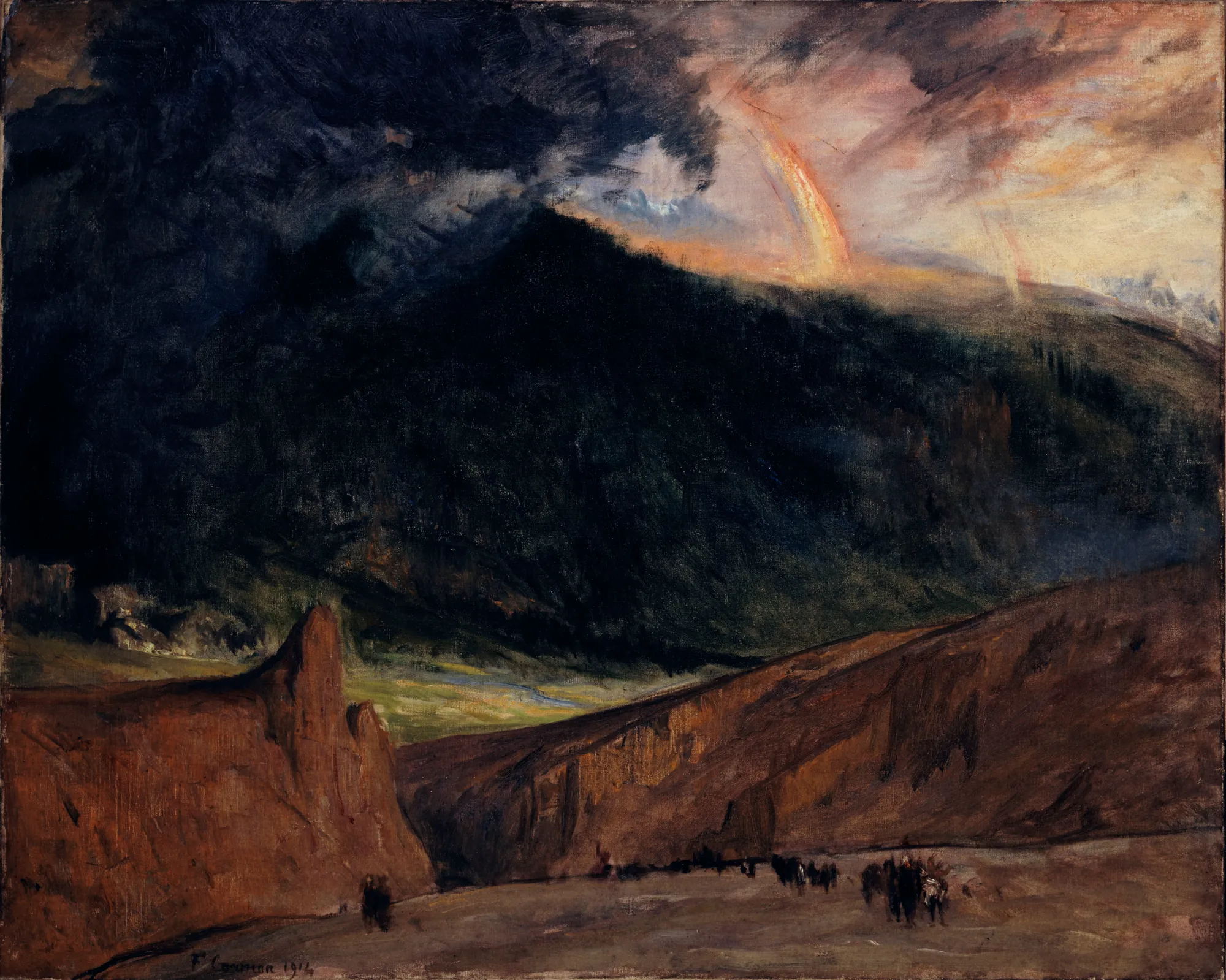 L'âge de Fer L'âge de Fer by Fernand Cormon. A dramatic landscape featuring a dark, stormy mountain mass on the left contrasted by a rainbow in a lighter sky, with figures moving through a rocky valley below.