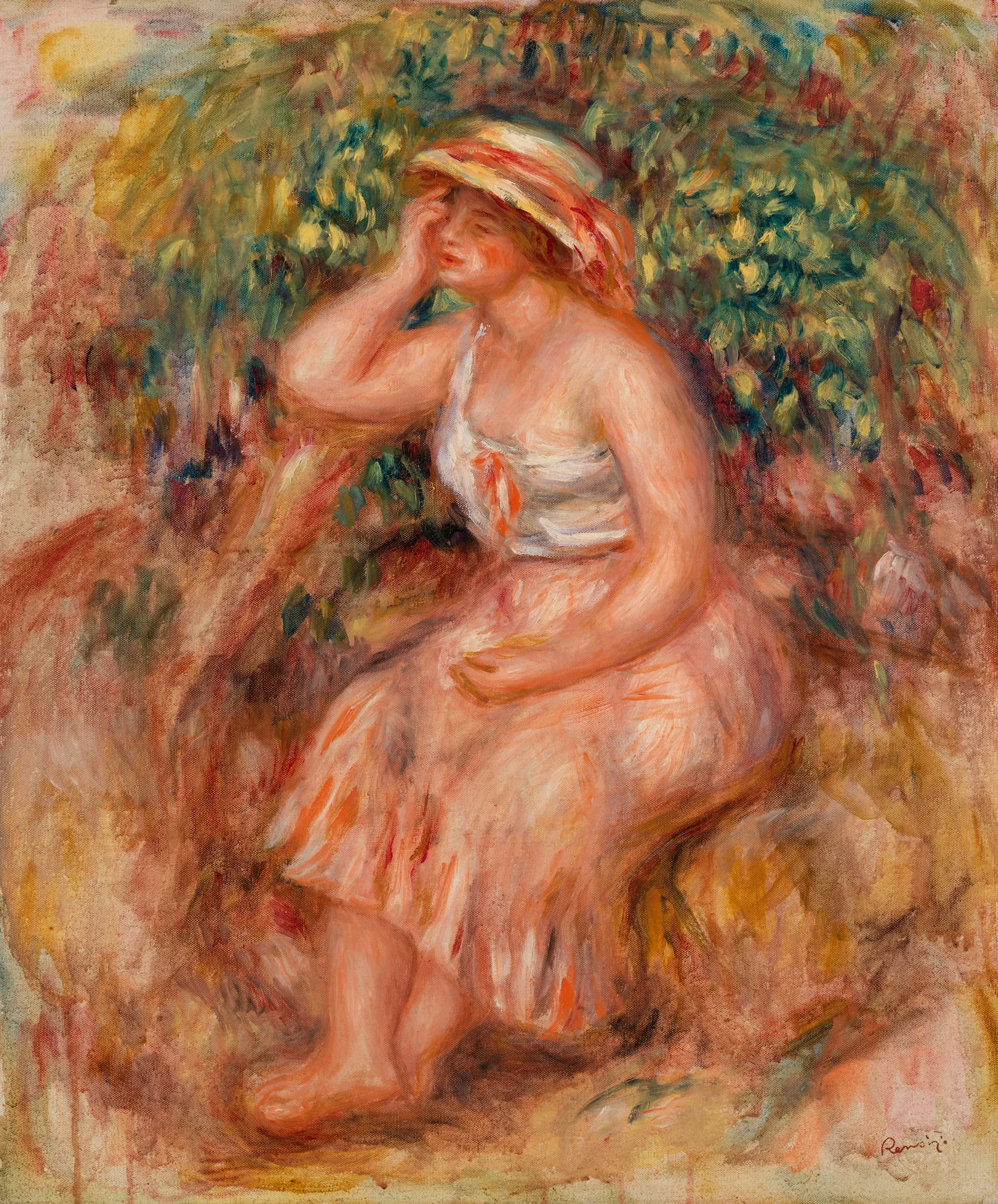 Woman Daydreaming (Rêveuse) Woman Daydreaming (Rêveuse) by Pierre-Auguste Renoir. An Impressionist oil painting of a woman in a sun hat and white chemise sitting pensively before a backdrop of green garden foliage.