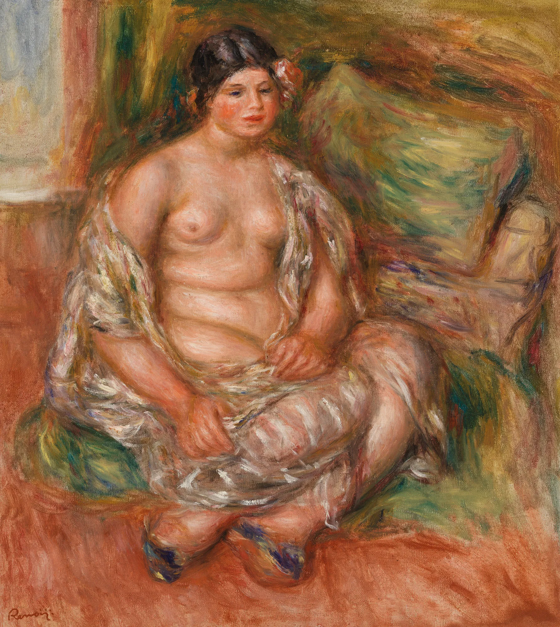 Seated Odalisque (Odalisque assise) Seated Odalisque (Odalisque assise) by Pierre-Auguste Renoir. A seated nude woman with a flower in her hair is depicted with soft, painterly brushstrokes in a warm-toned interior.