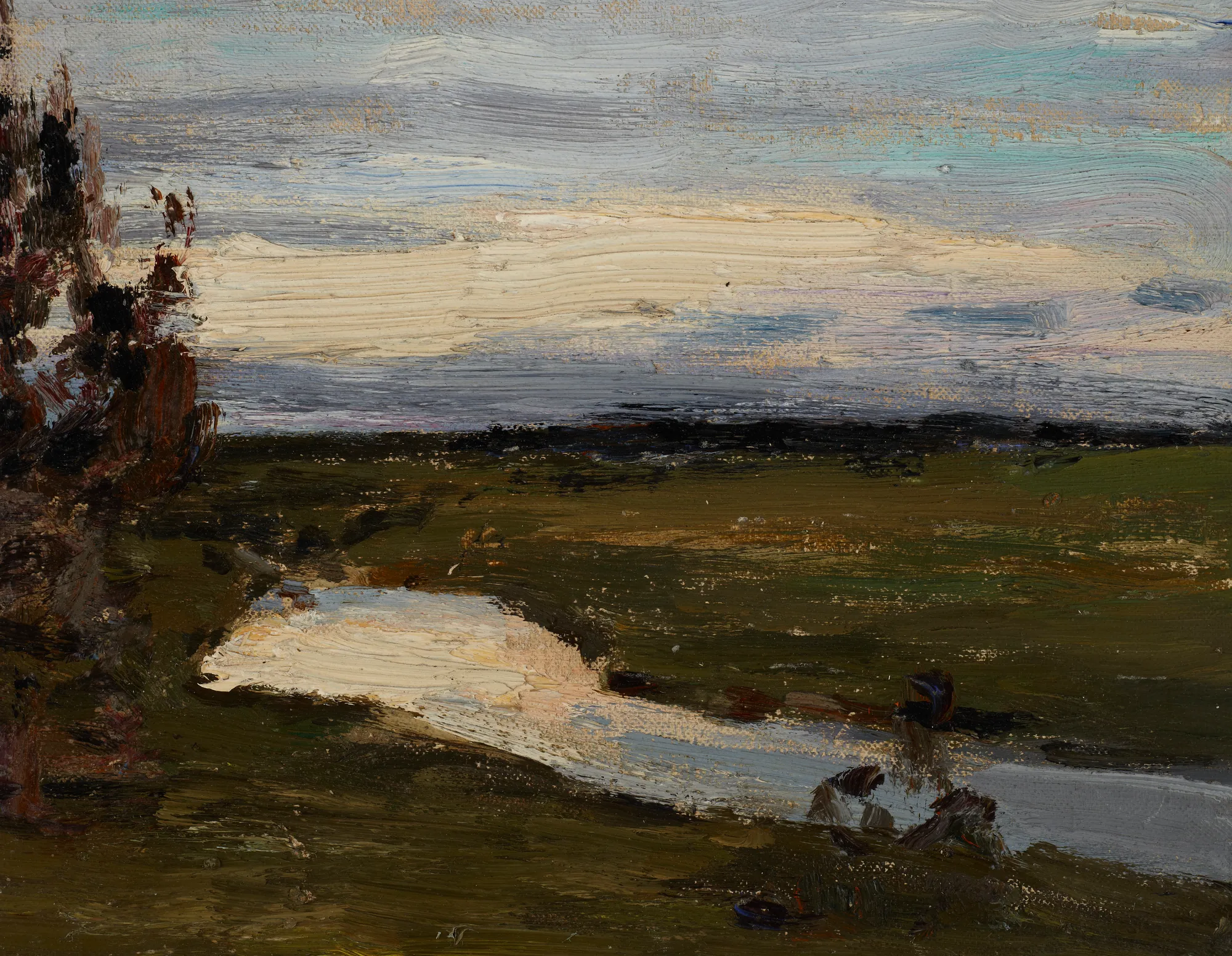 A River at the White Night A River at the White Night by Jan Ciągliński. An impressionistic oil painting of a river winding through a dark landscape under a pale, hazy sky during a white night.