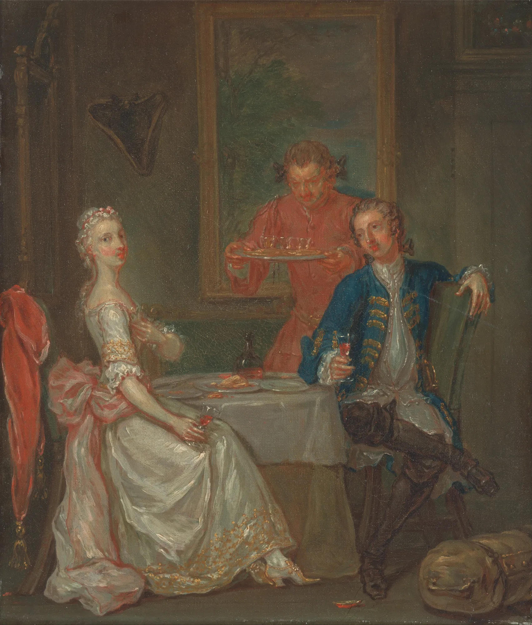 A Dinner Conversation A Dinner Conversation by Marcellus Laroon the Younger. An 18th-century interior scene showing a man in blue and a woman in white and pink seated at a dinner table while a servant in red serves them.