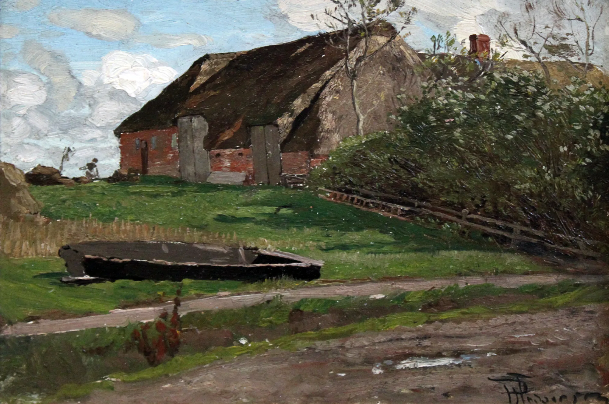 Honjens Honjens by Hans Peter Feddersen. An oil painting of a traditional thatched-roof farm building and a grassy field under a dynamic sky.