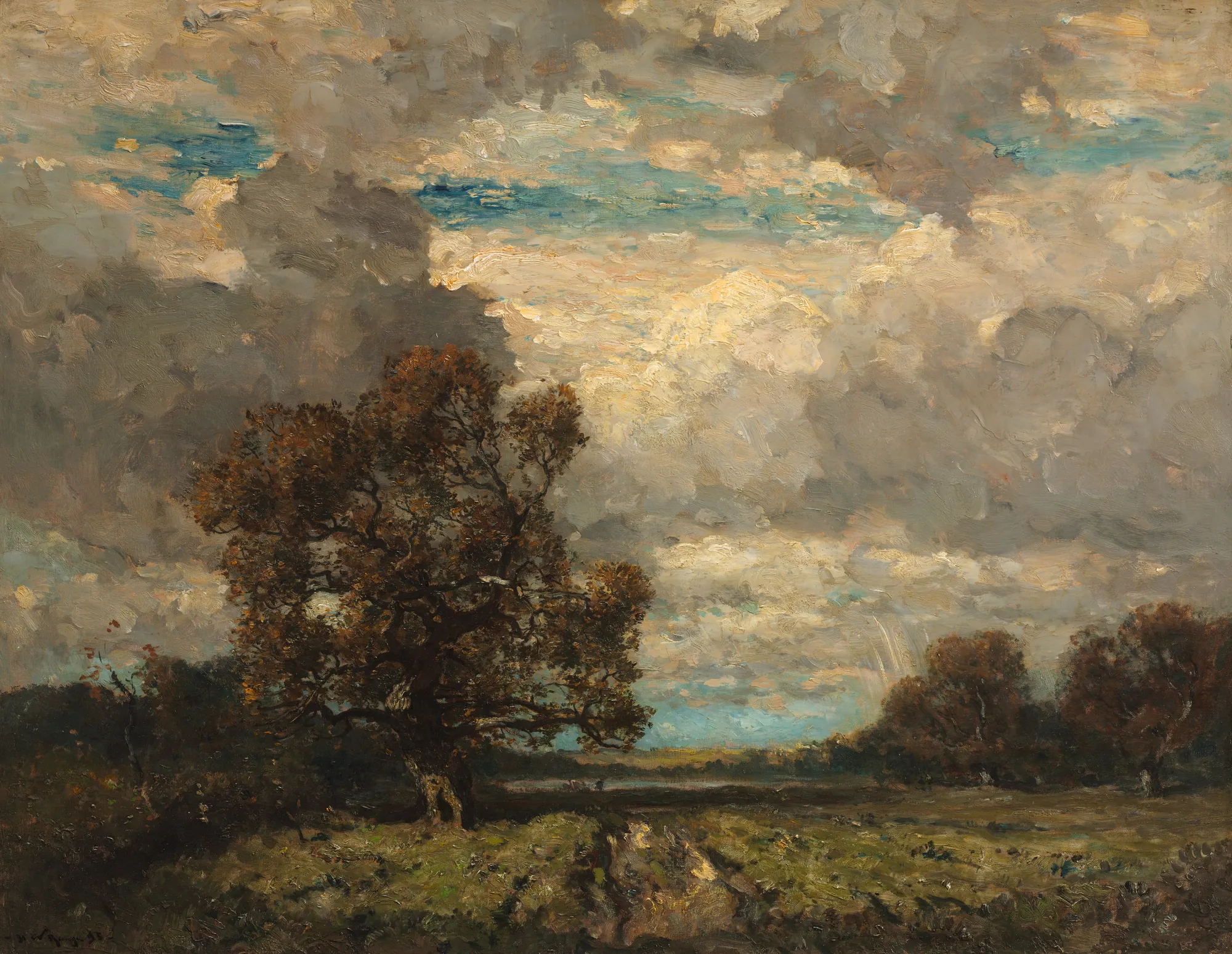 The Lone Sentinel The Lone Sentinel by Henry Ward Ranger. A large, dark-leafed tree stands prominently in a field under a vast, cloud-filled sky with patches of blue and golden light.