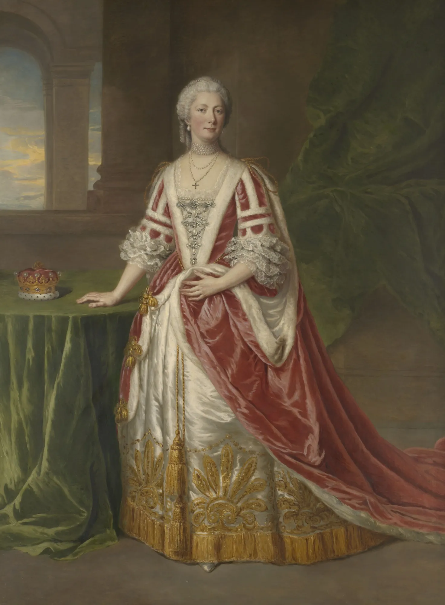 Hester, née Grenville, Countess of Chatham Hester, née Grenville, Countess of Chatham by William Hoare. A full-length portrait of a noblewoman in an elaborate red and white silk gown with gold embroidery, standing next to a table with a coronet.
