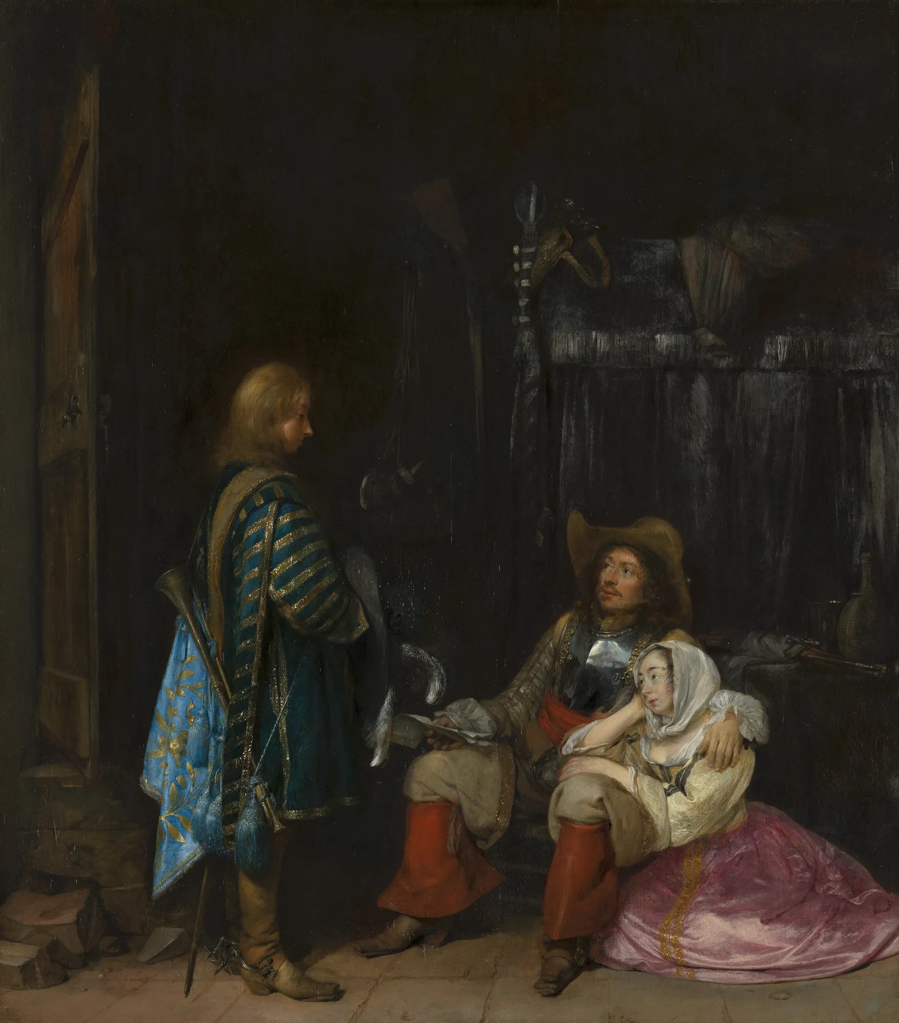 The Messenger (The Unwelcome News) The Messenger (The Unwelcome News) by Gerard ter Borch. A messenger in an ornate blue and gold uniform stands before a seated soldier and a woman in a dark room.