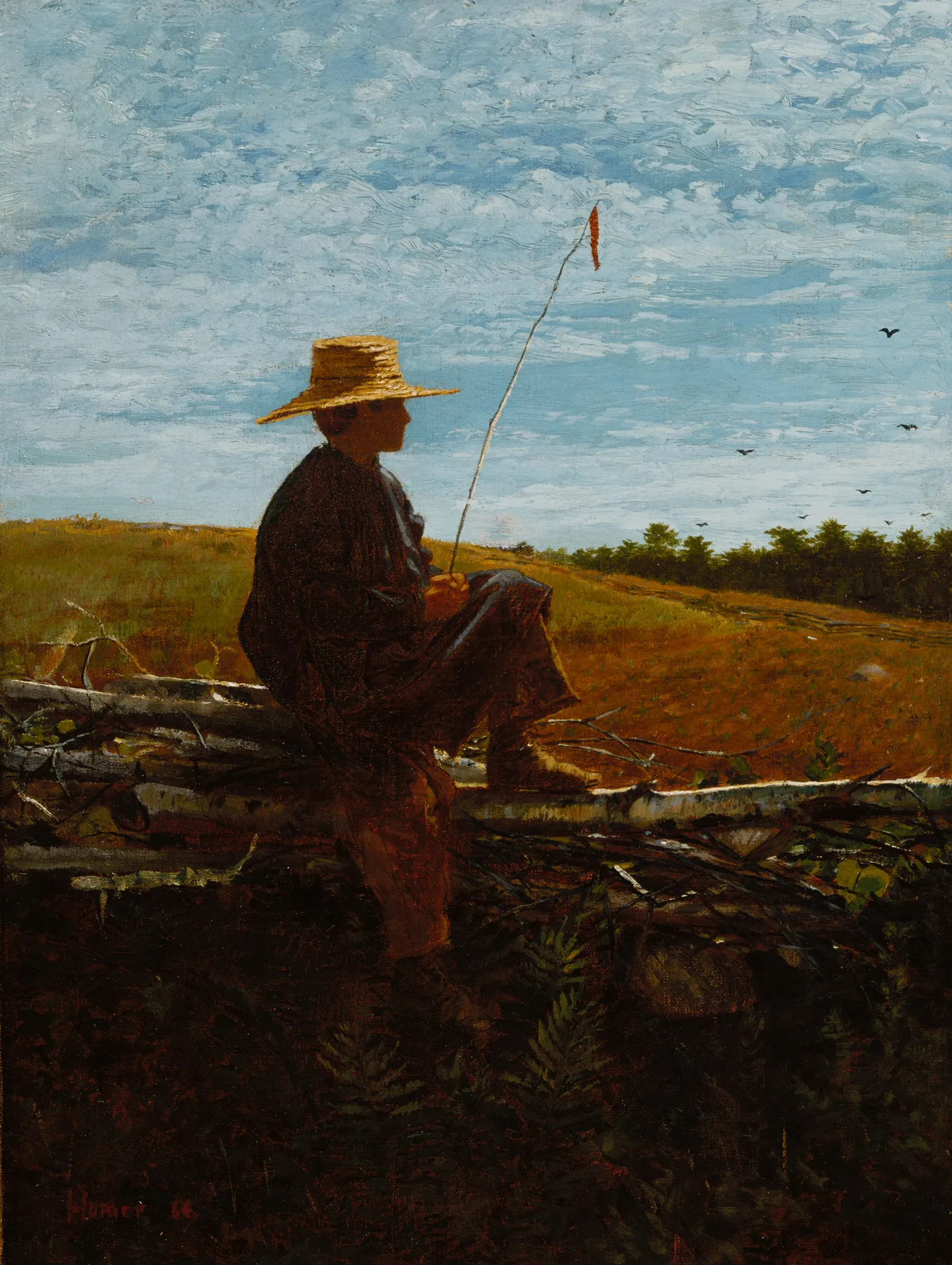 On Guard On Guard by Winslow Homer. A silhouetted figure wearing a straw hat sits on a pile of logs in a vast field, holding a thin staff with a small red flag against a bright, cloudy sky.