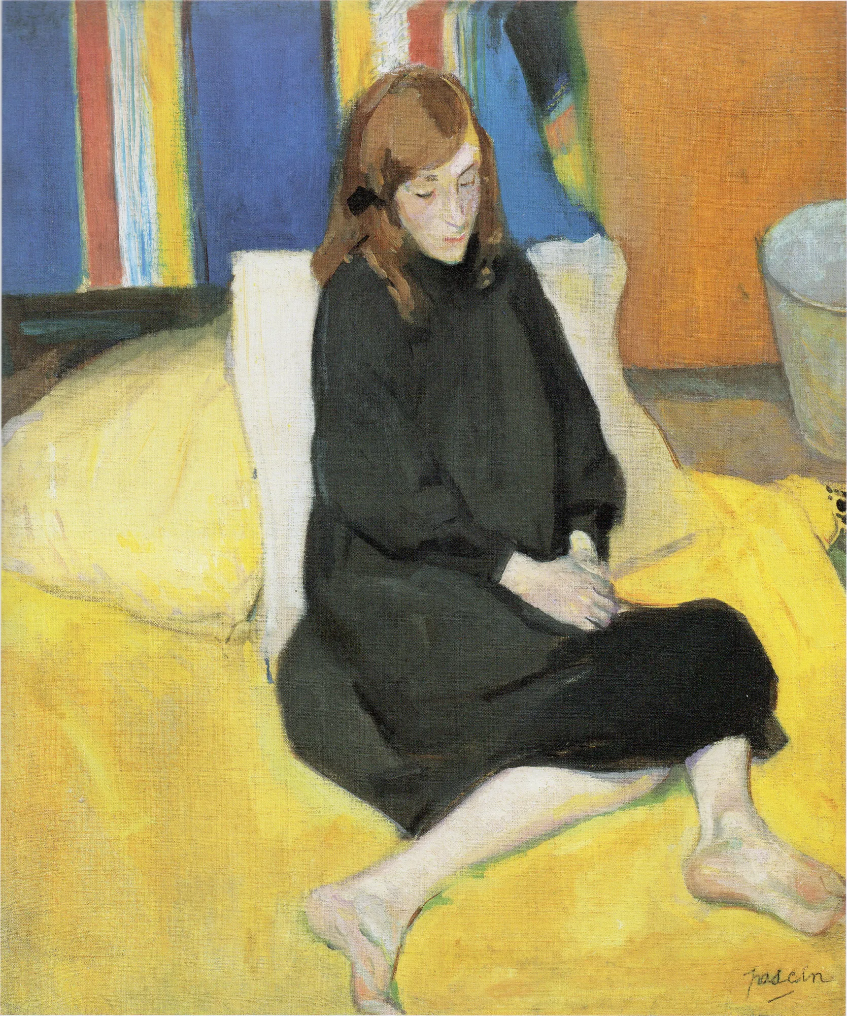 Schoolgirl Schoolgirl by Jules Pascin. A young girl in a black dress sits on a bright yellow surface against a background of blue and red stripes.