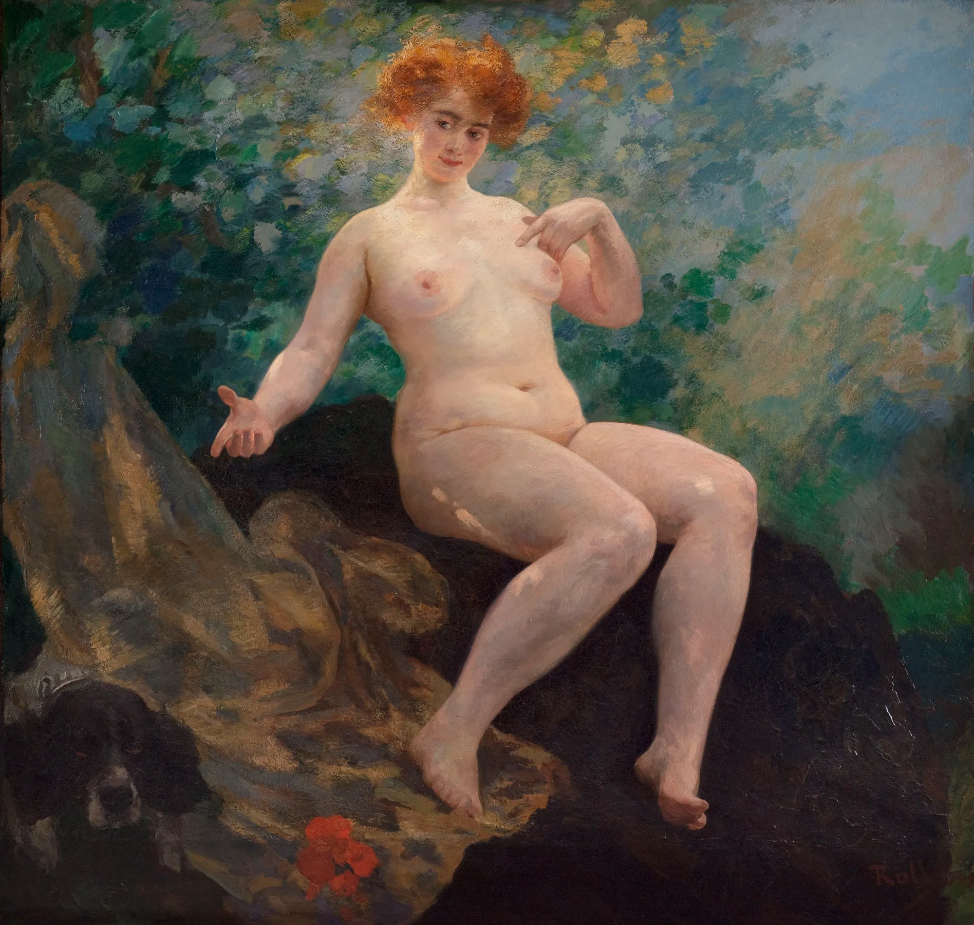 En été (Woman with Dog) En été (Woman with Dog) by Alfred Philippe Roll. A seated nude woman with reddish hair is depicted in a sun-dappled outdoor setting next to a black and white dog.