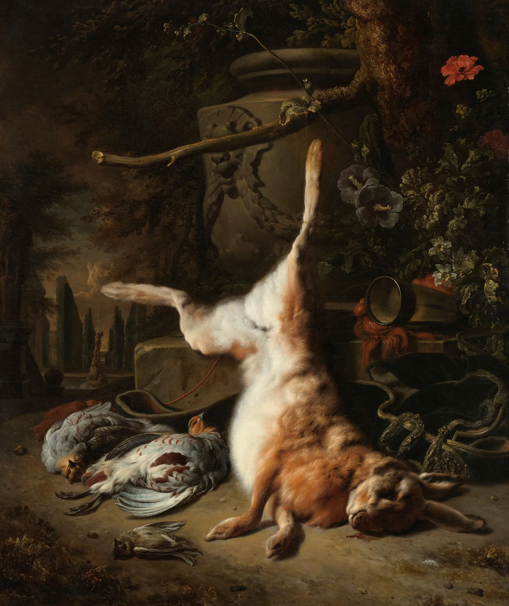 Still Life with a Hare and Other Game Still Life with a Hare and Other Game by Jan Weenix. A dead hare hangs by one leg alongside game birds, a hunting horn, and an ornate stone urn in a garden setting.