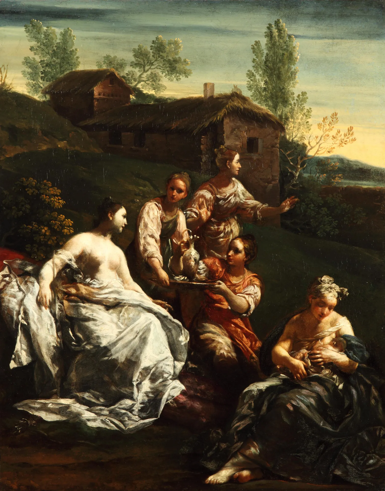 The Birth of Arcas or Adonis The Birth of Arcas or Adonis by Giuseppe Maria Crespi. A grouping of five women in a rural landscape, one of whom is nursing an infant, set against the backdrop of rustic thatched cottages and a soft sky.