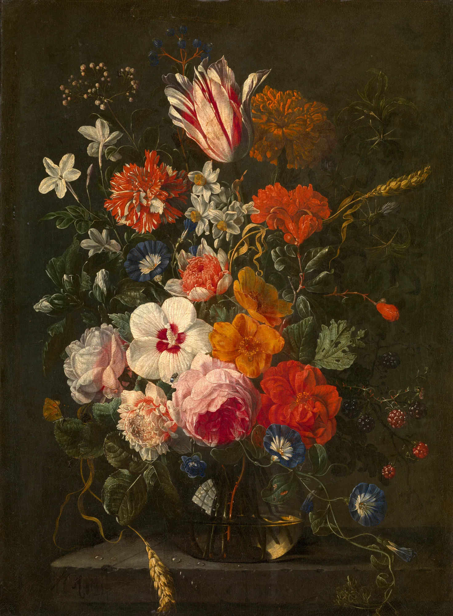 Flowers and a Branch of Berries in a Glass Vase