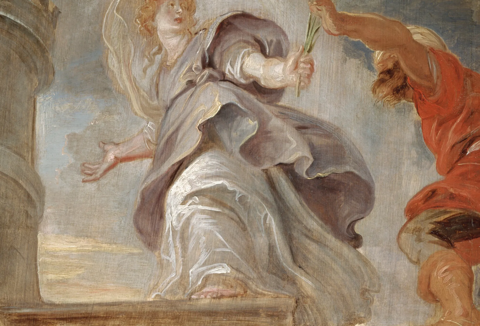 Saint Barbara Fleeing from Her Father Saint Barbara Fleeing from Her Father by Peter Paul Rubens. A dynamic Baroque oil sketch depicting a woman in flowing purple and white robes escaping a man in red as she ascends stone steps next to a tower.